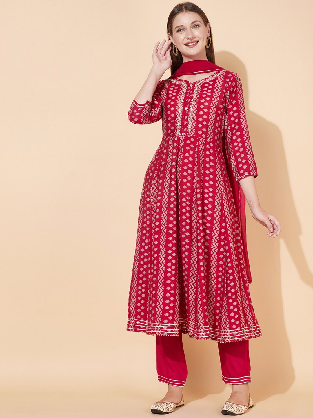 

FASHOR Women Magenta Printed Angrakha Sequinned Kurta with Salwar