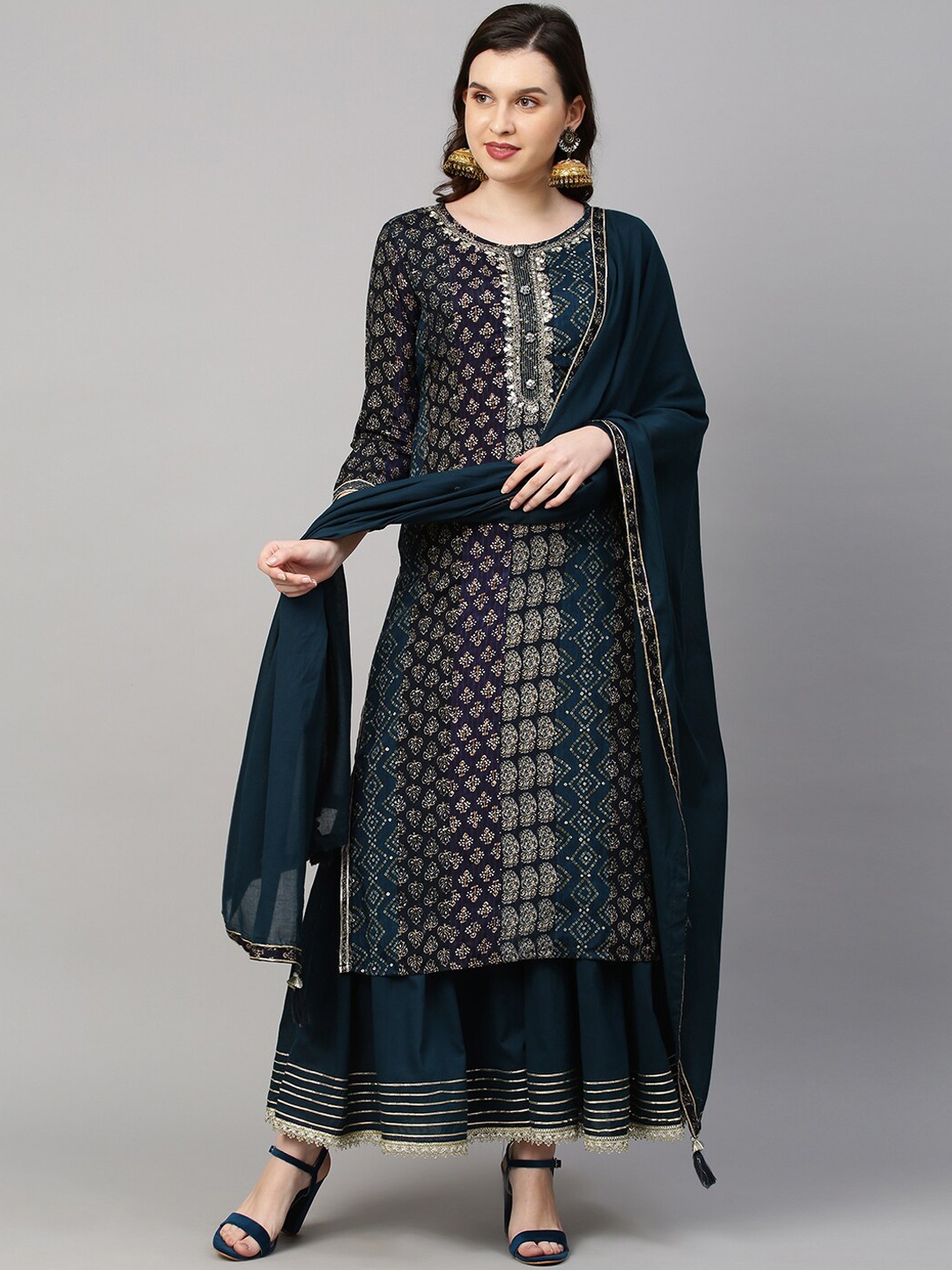 

FASHOR Women Teal Gotta Patti Kurta and Sharara with Dupatta