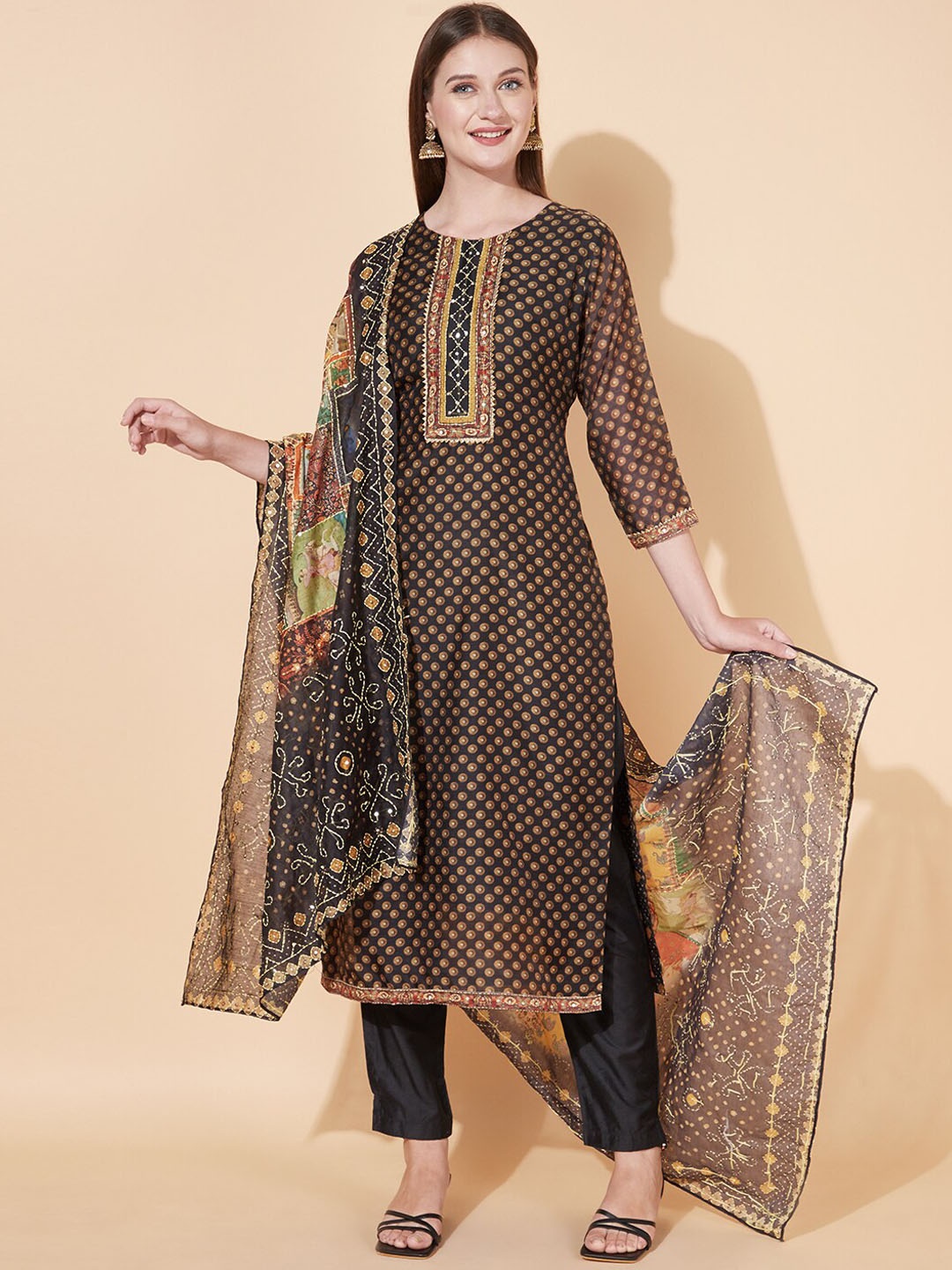 

FASHOR Women Black Ethnic Motifs Printed Sequinned Chanderi Silk Kurta with Trousers & With Dupatta