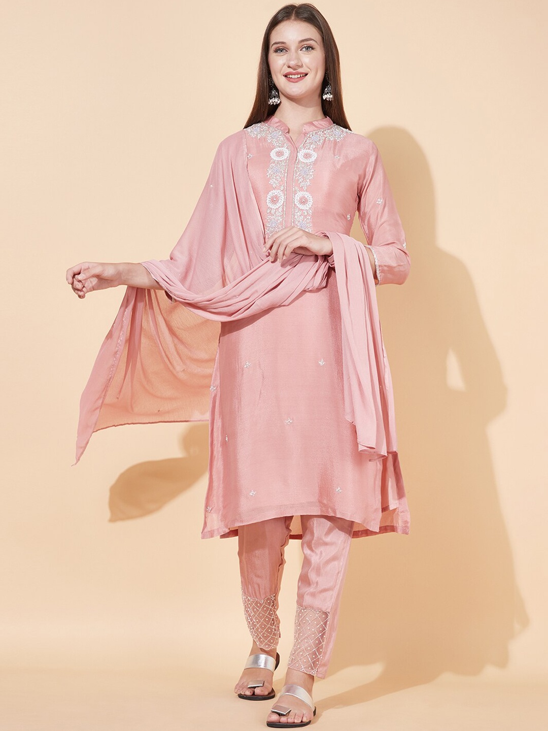 

FASHOR Women Pink Beads and Stones Kurta with Trousers & Dupatta