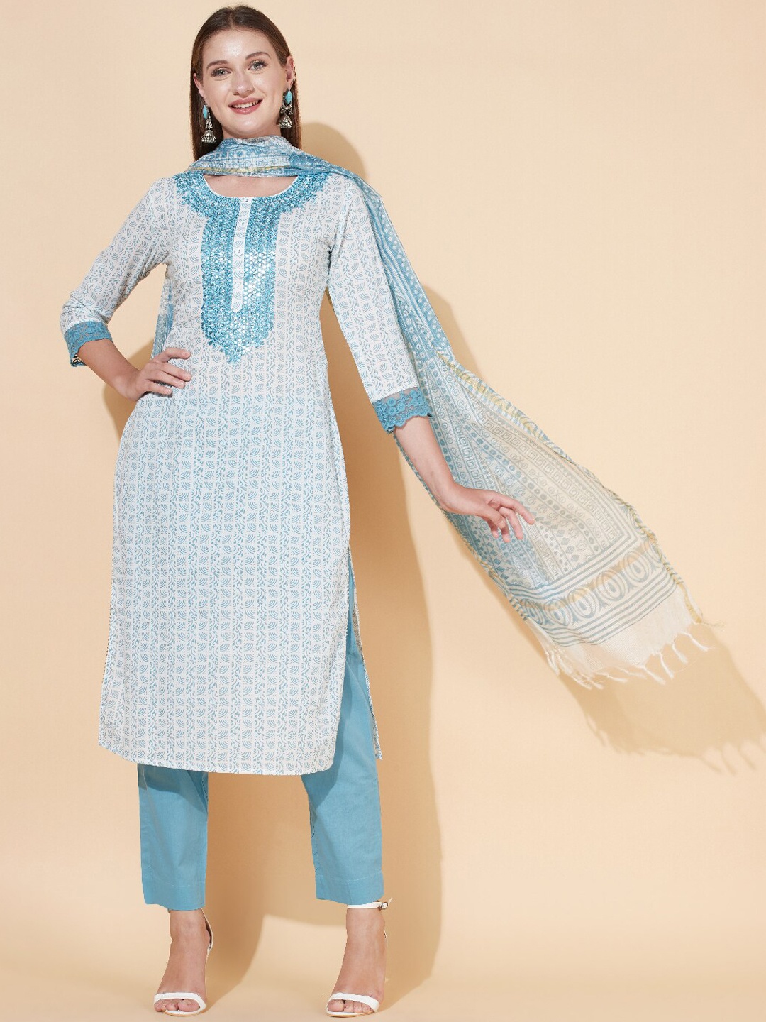 

FASHOR Women Off White Yoke Design Mirror Work Pure Cotton Kurti with Trousers & With Dupatta