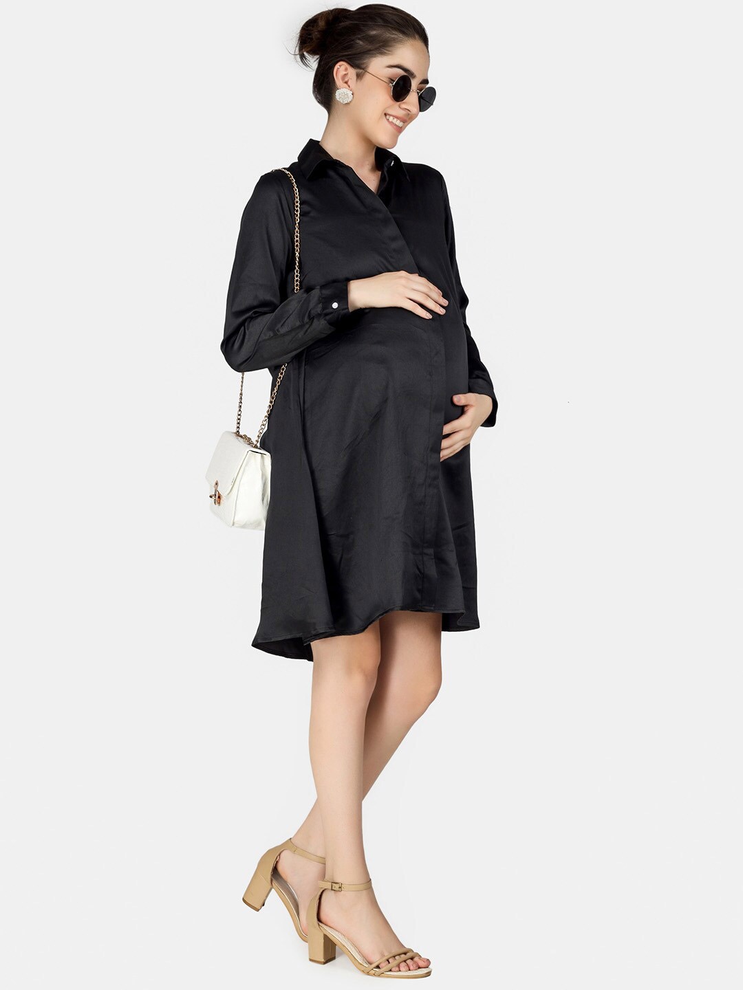 

angloindu Black Satin Maternity Shirt Dress