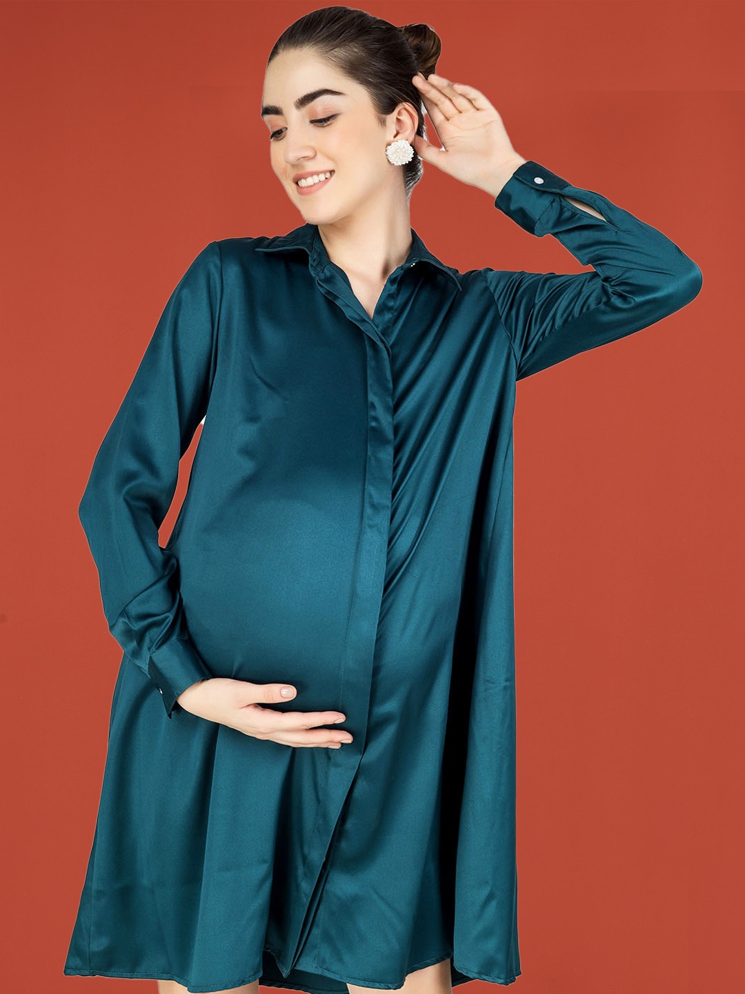 

angloindu Green Satin Maternity Shirt Dress