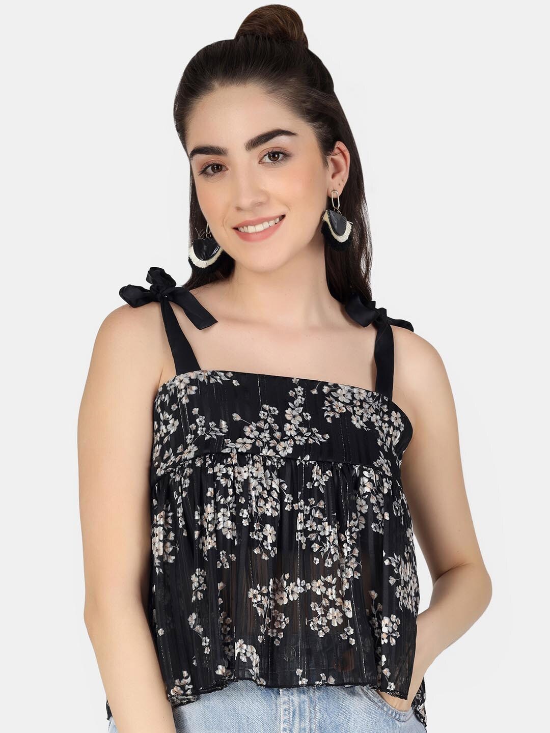 

angloindu Black Floral Print Georgette Empire Camisole Type Top