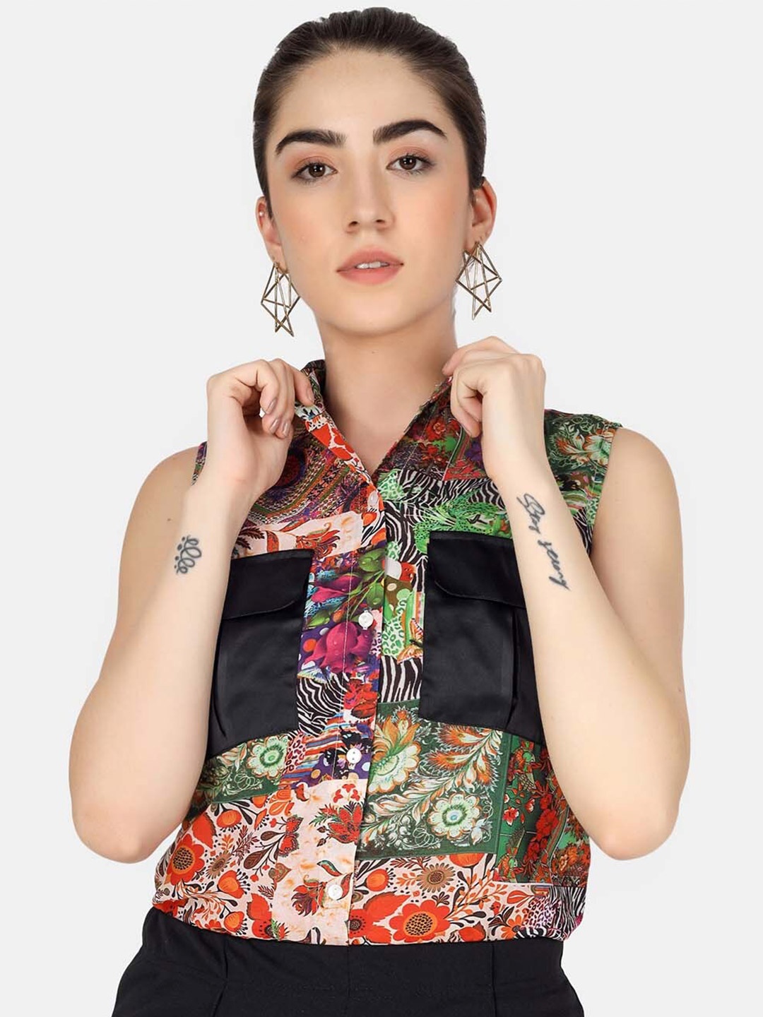 

angloindu Red Floral Print Mandarin Collar Georgette Shirt Style Top