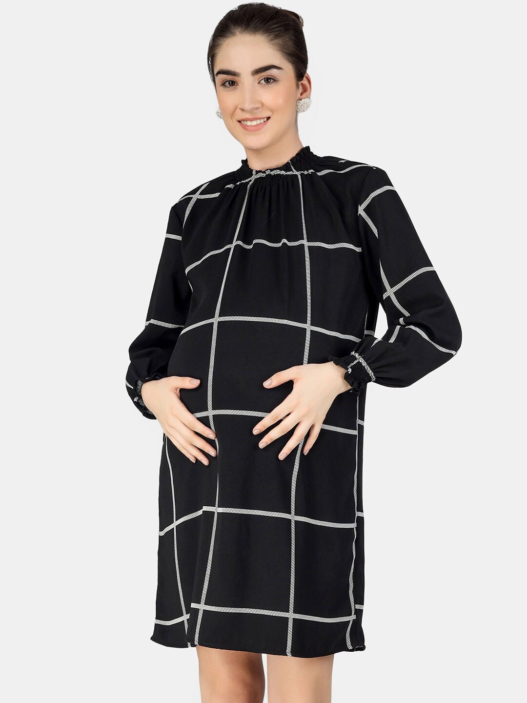 

angloindu Women Black Checked Crepe Maternity A-Line Dress