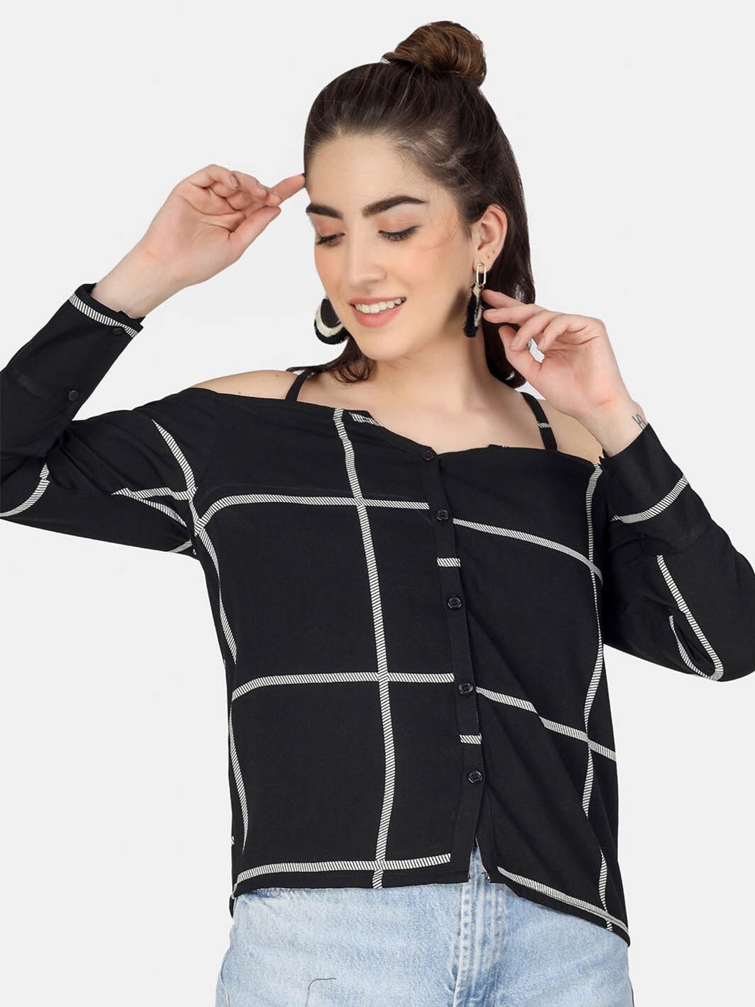 

angloindu Black Checked Off-Shoulder Crepe Top