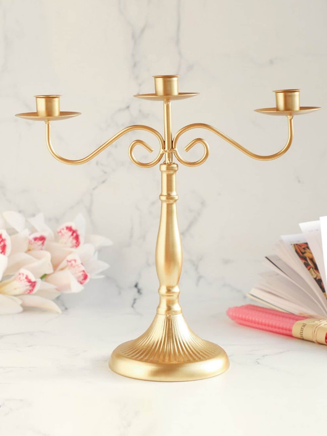 

Nestasia Golden Metal 3-Armed Candle Stand, Gold