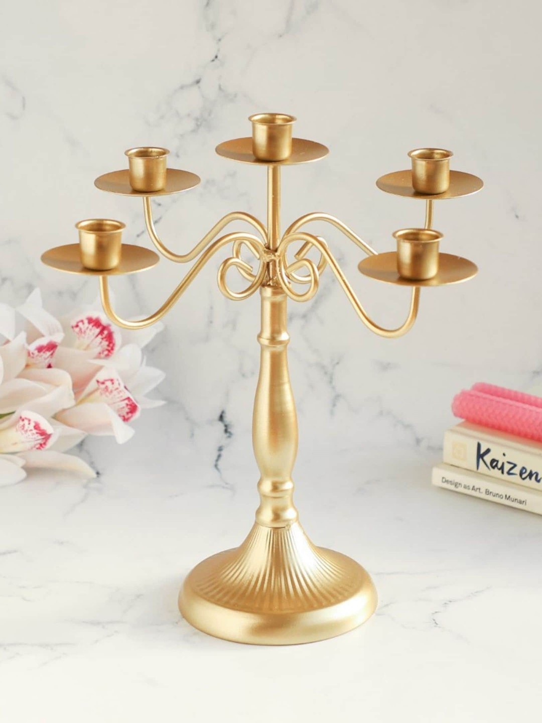 

Nestasia Golden Metal 5-Armed Candle Stand, Gold