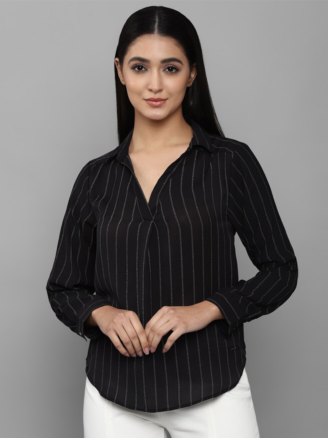 

Allen Solly Woman Black Striped Shirt Style Top