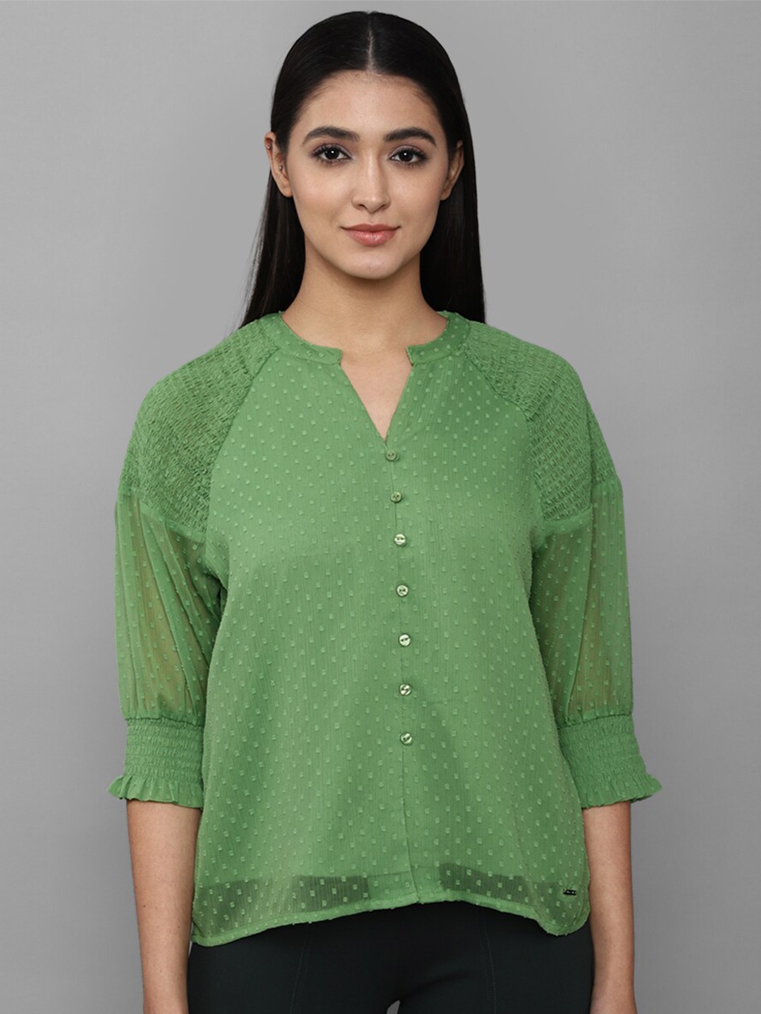 

Allen Solly Woman Green Mandarin Collar Shirt Style Top