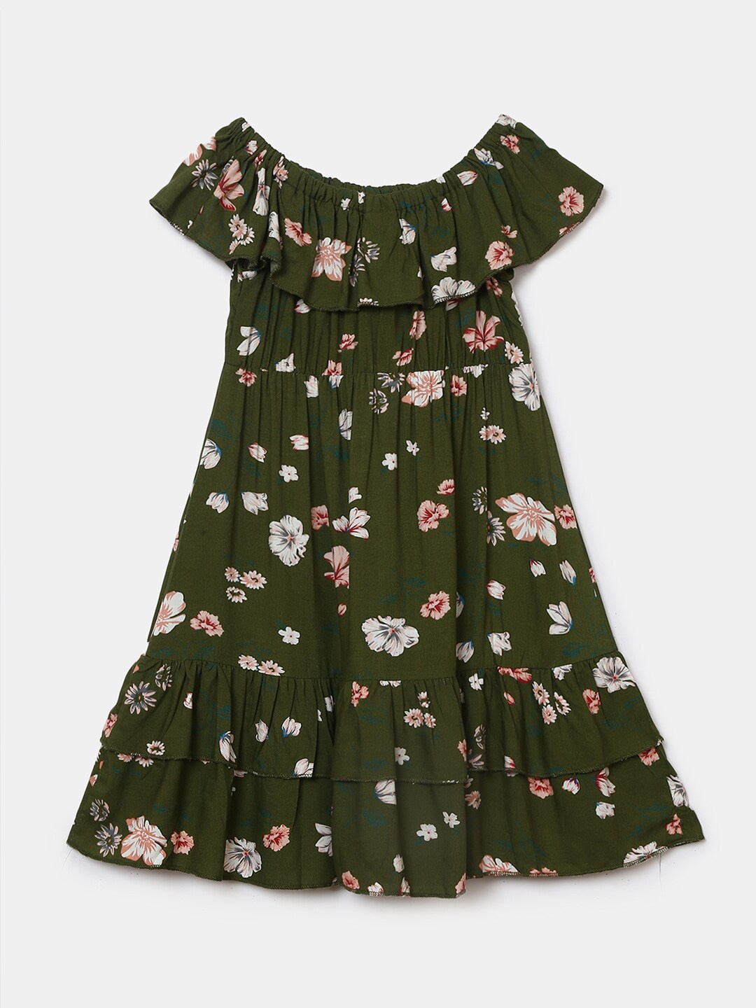 

V-Mart Girls Olive Green Floral Georgette A-Line Dress