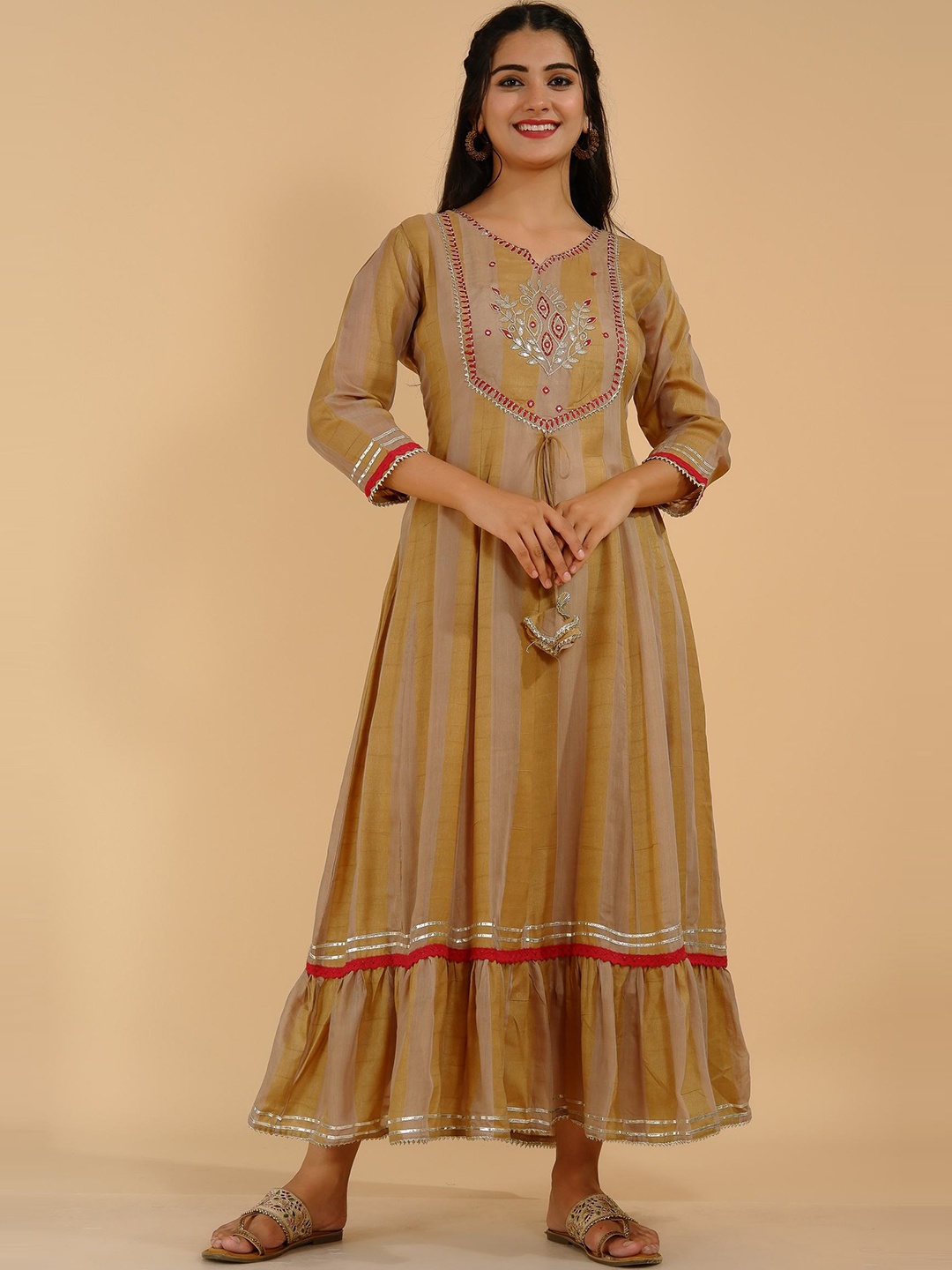 

Tetalee Women Mustard Yellow Striped Gotta Patti Chanderi Silk Anarkali Kurta