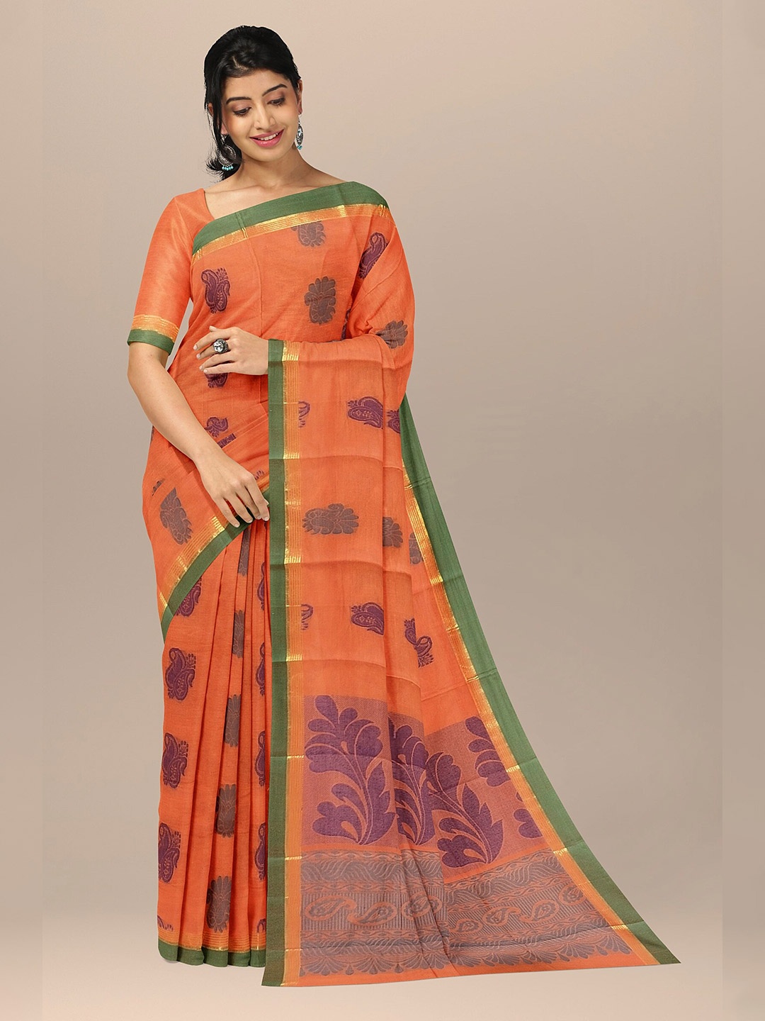 

The Chennai Silks Orange & Purple Ethnic Motifs Pure Cotton Fusion Kovai Saree