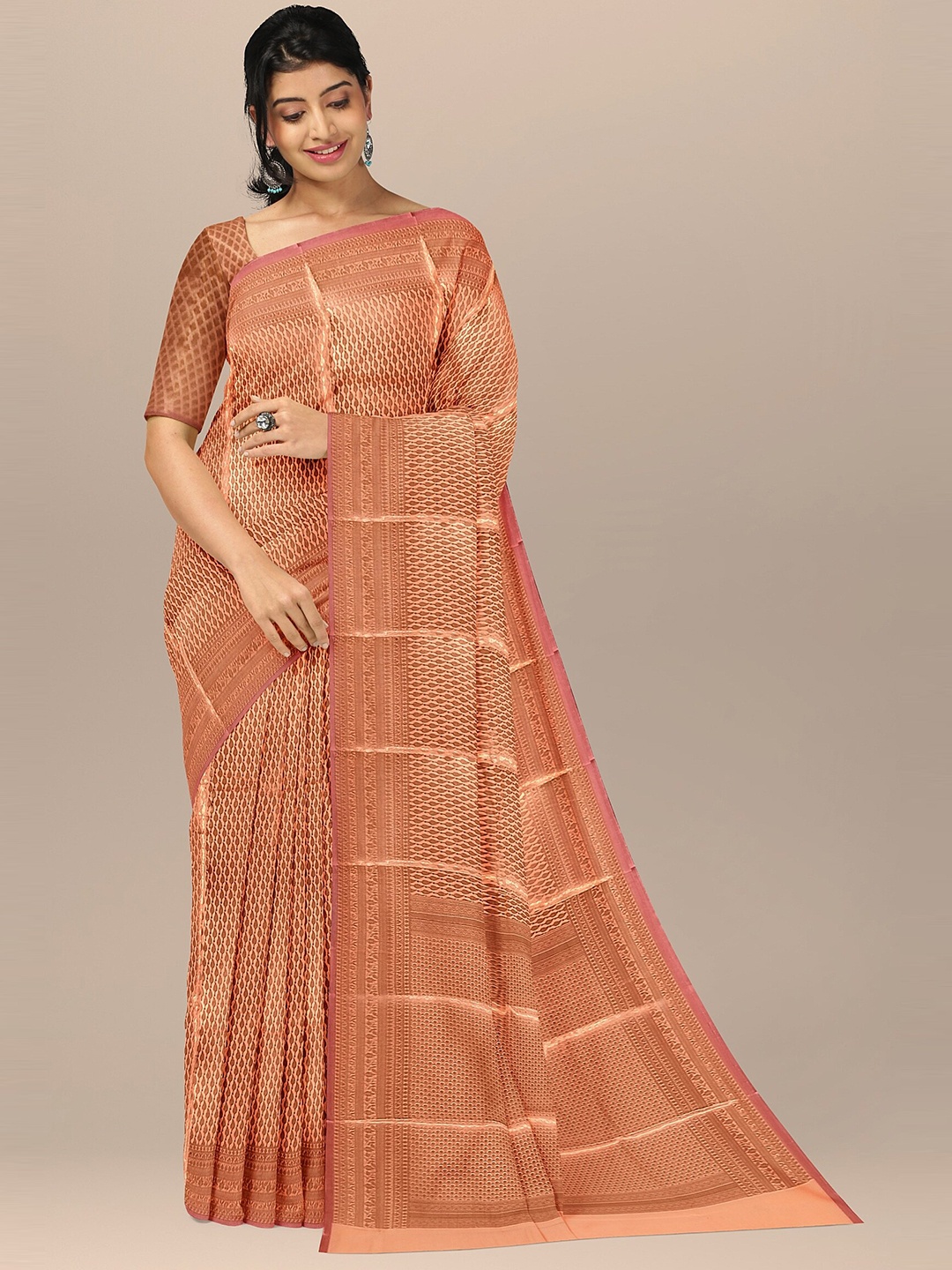 

The Chennai Silks Orange & Gold-Toned Ethnic Motifs Zari Art Silk Banarasi Saree