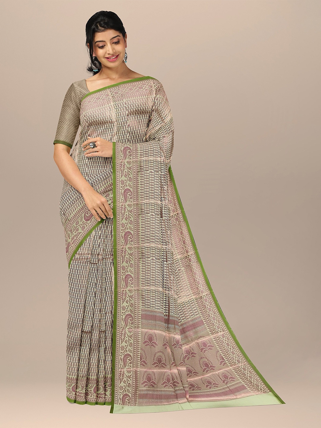 

The Chennai Silks Green & Cream Ethnic Motifs Art Silk Fusion Banarasi Saree