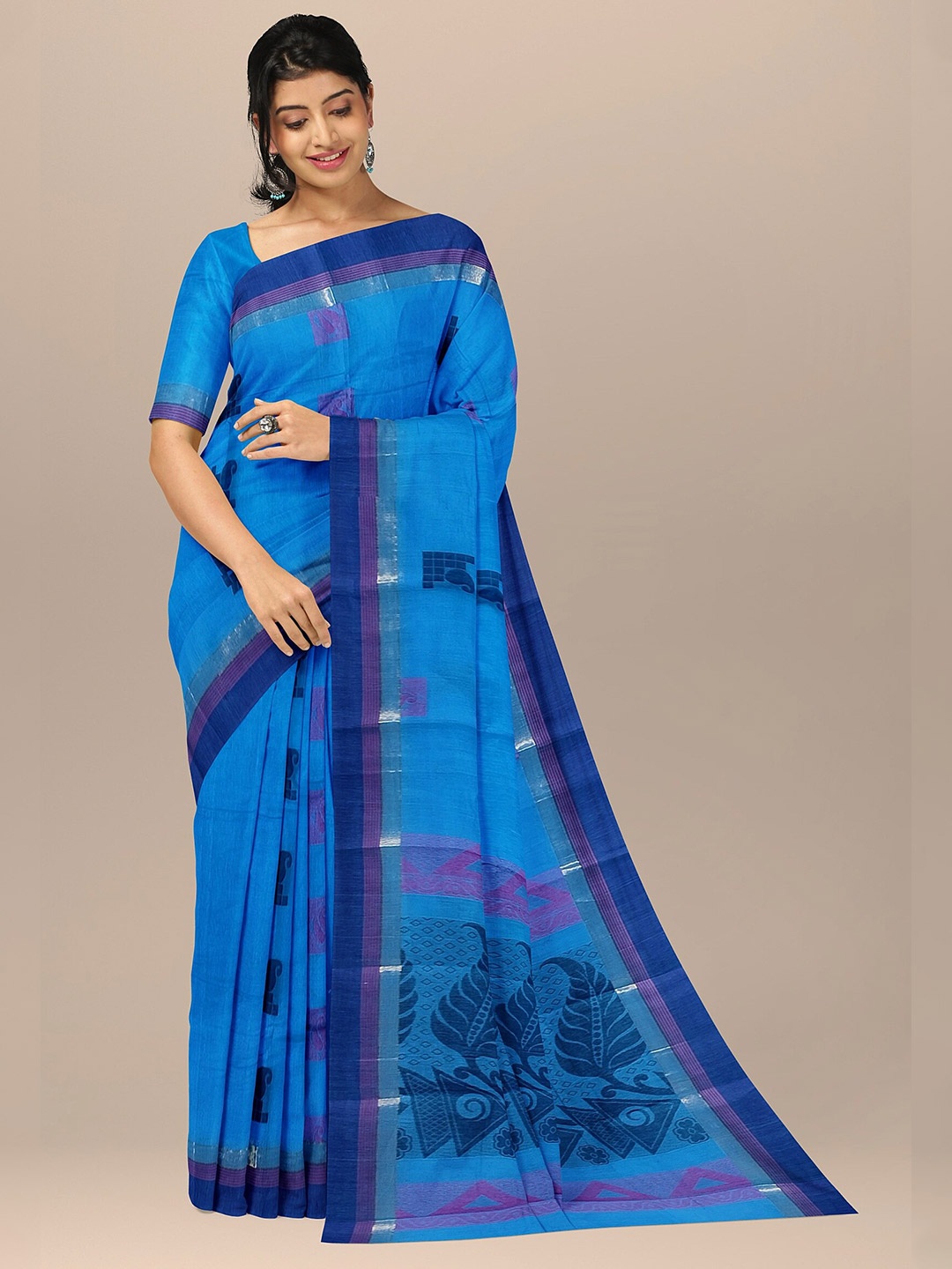 

The Chennai Silks Blue Ethnic Motifs Pure Cotton Fusion Kovai Saree