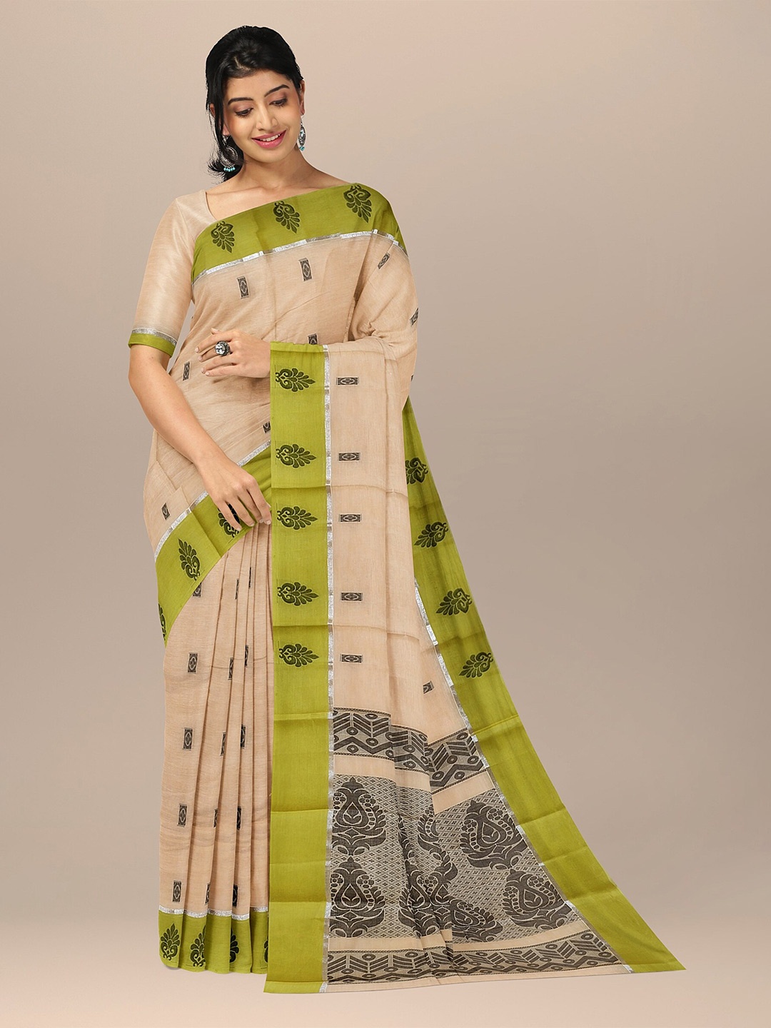 

The Chennai Silks Peach & Green Ethnic Motifs Fusion Kovai Pure Cotton Saree