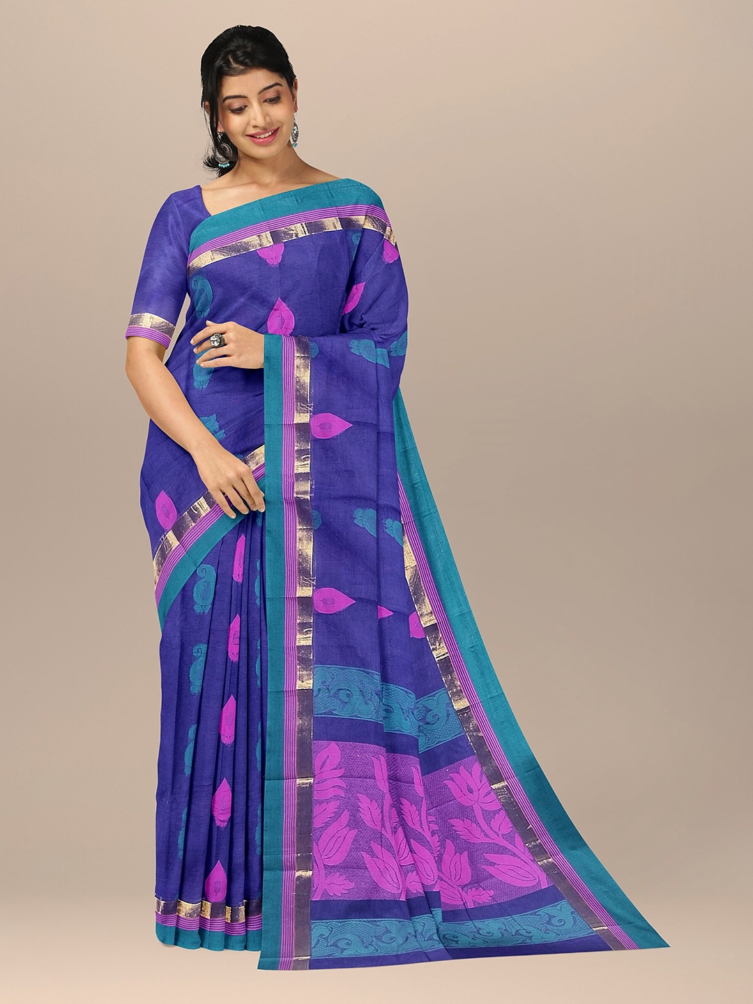 

The Chennai Silks Navy Blue & Purple Ethnic Motifs Pure Cotton Fusion Kovai Saree