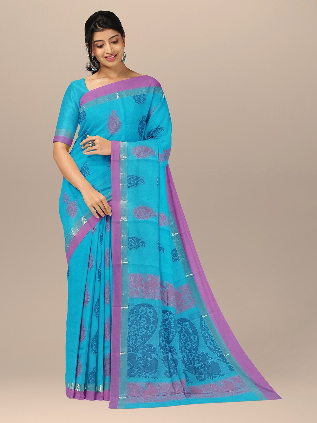 

The Chennai Silks Green & Blue Paisley Pure Cotton Fusion Kovai Saree