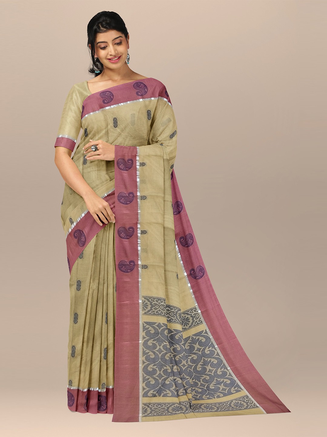 

The Chennai Silks Khaki & Coral Ethnic Motifs Pure Cotton Fusion Kovai Saree