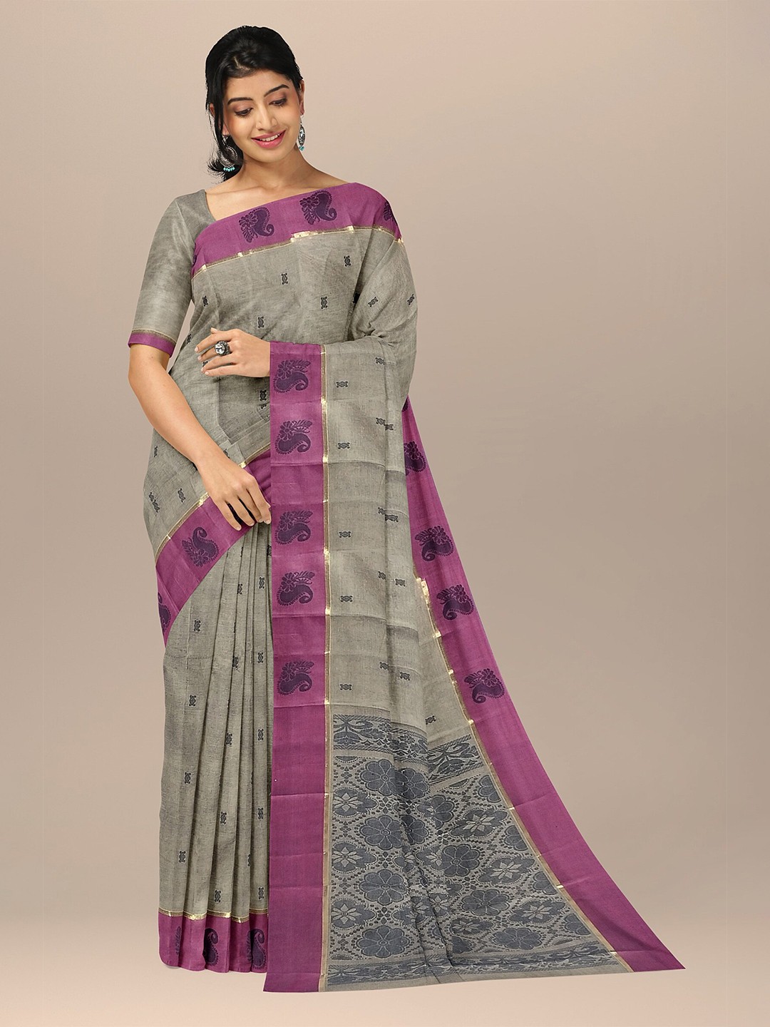 

The Chennai Silks Grey & Purple Ethnic Motifs Pure Cotton Fusion Kovai Saree