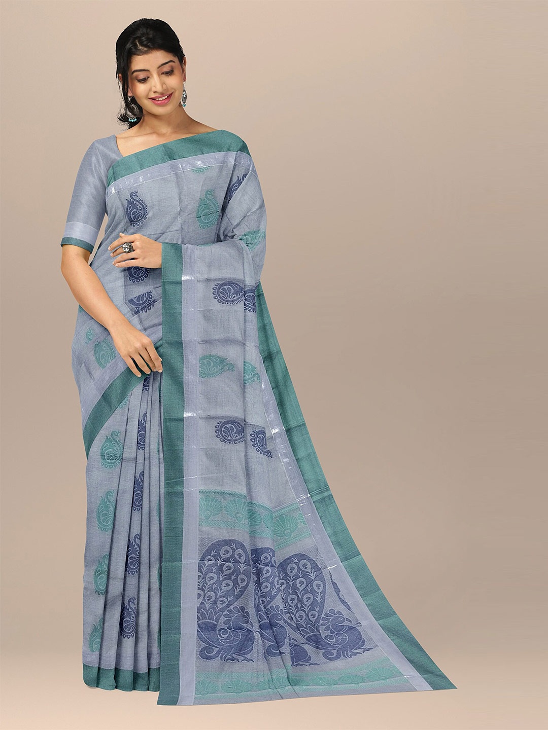 

The Chennai Silks Grey & Green Ethnic Motifs Pure Cotton Fusion Kovai Saree