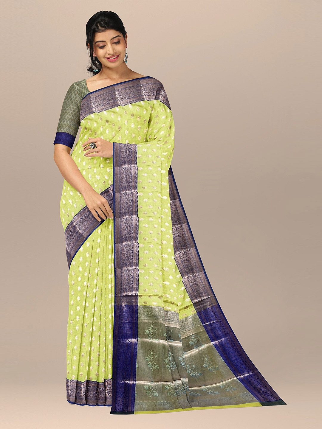 

The Chennai Silks Yellow & Silver-Toned Ethnic Motifs Zari Art Silk Fusion Banarasi Saree