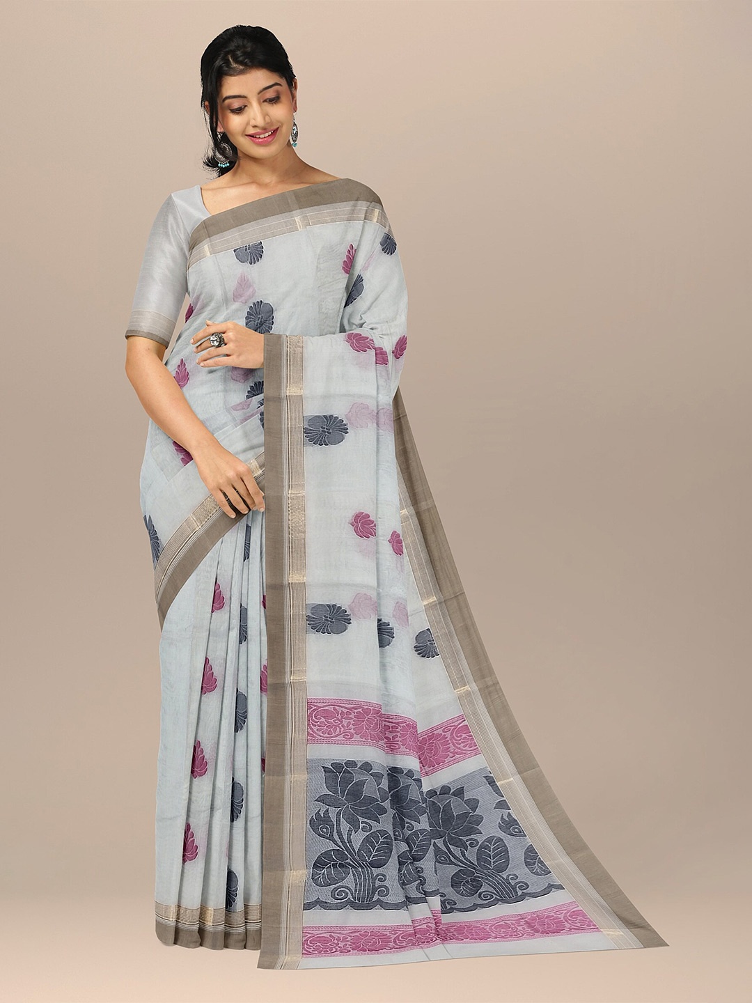 

The Chennai Silks Cream-Coloured & Navy Blue Ethnic Motifs Pure Cotton Kovai Saree