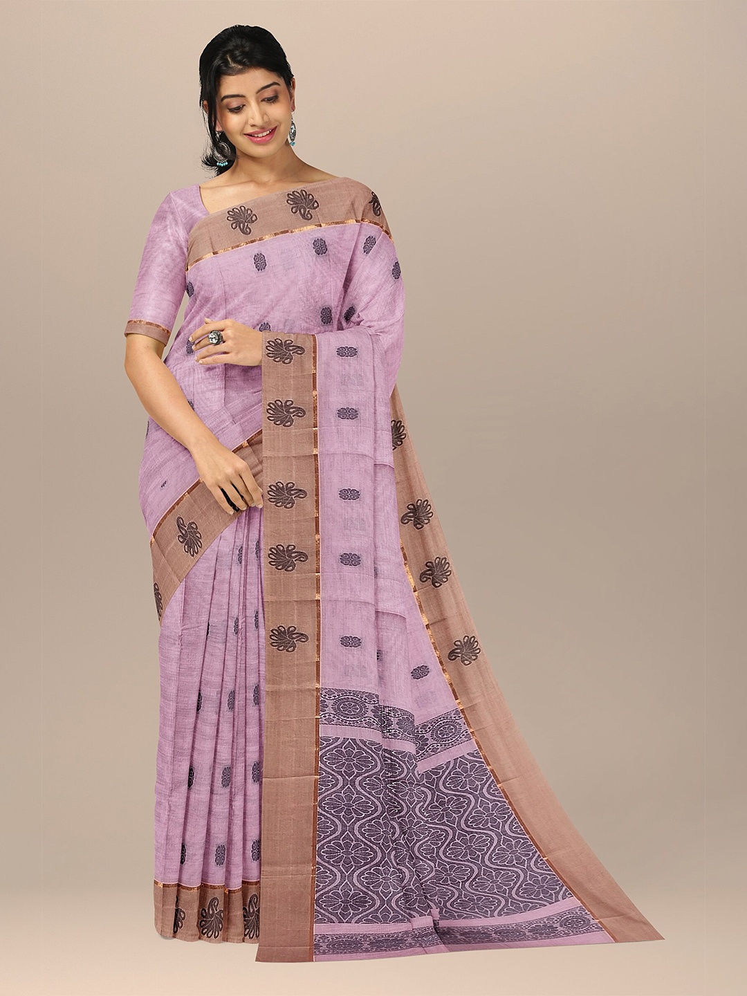 

The Chennai Silks Pink & Brown Ethnic Motifs Pure Cotton Kovai Saree