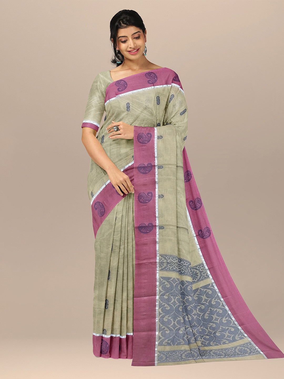 

The Chennai Silks Grey Ethnic Motifs Pure Cotton Fusion Kovai Saree