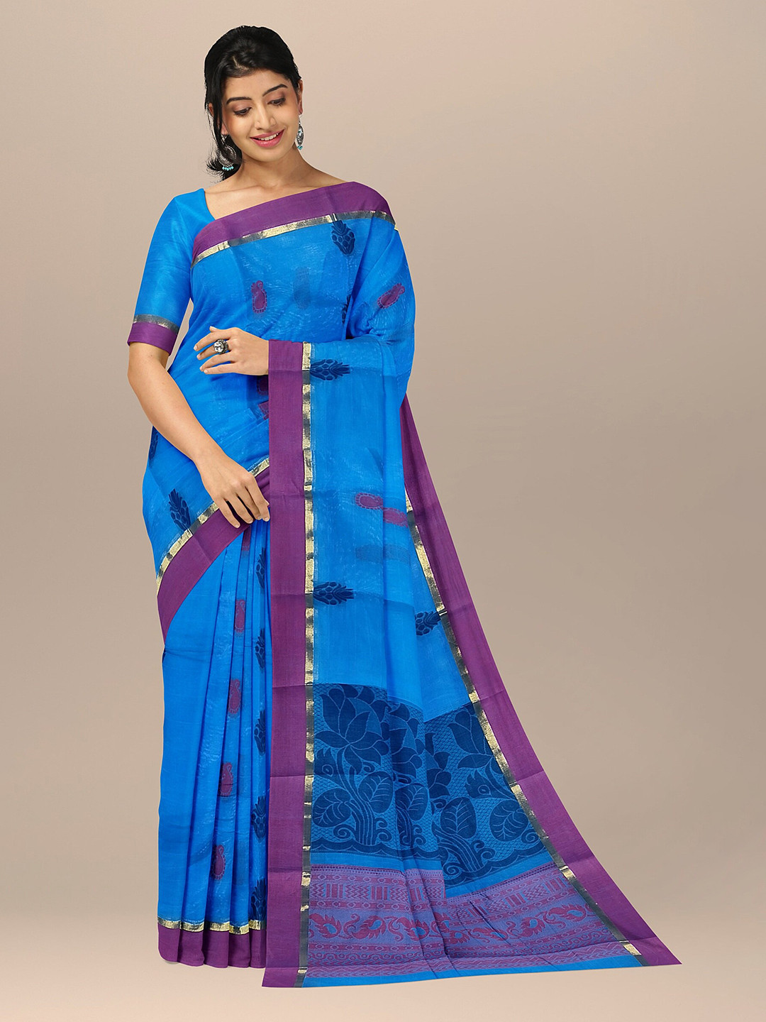 

The Chennai Silks Blue & Purple Ethnic Motifs Pure Cotton Fusion Kovai Saree