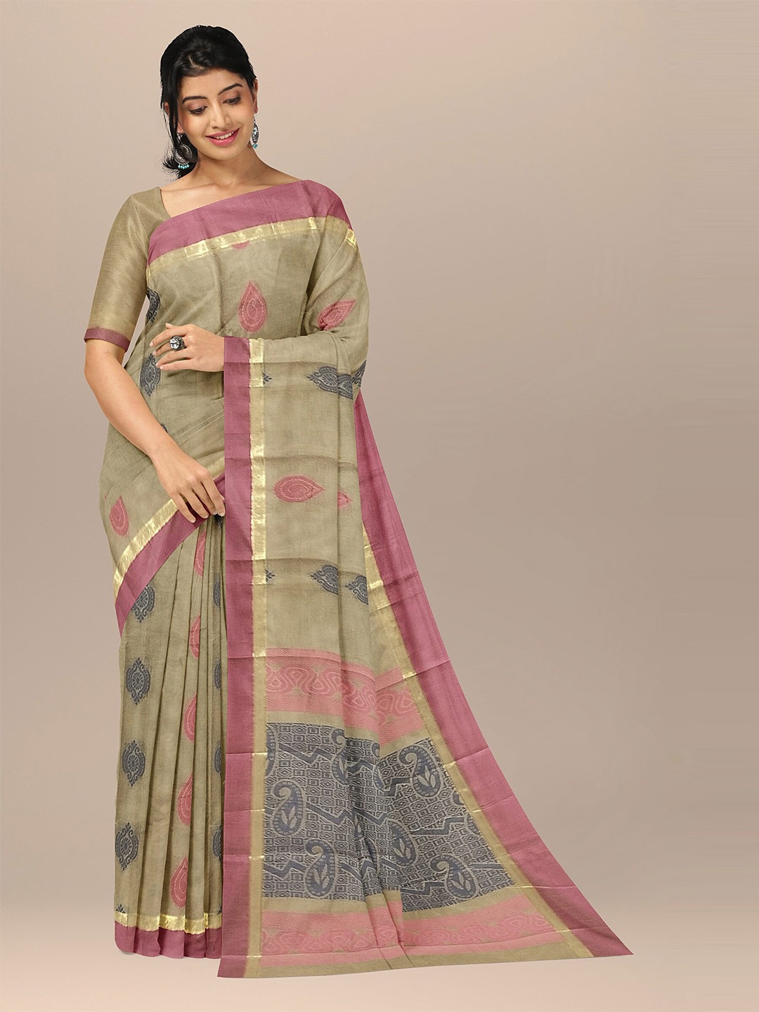 

The Chennai Silks Women Beige & Pink Ethnic Motifs Pure Cotton Fusion Kovai Saree