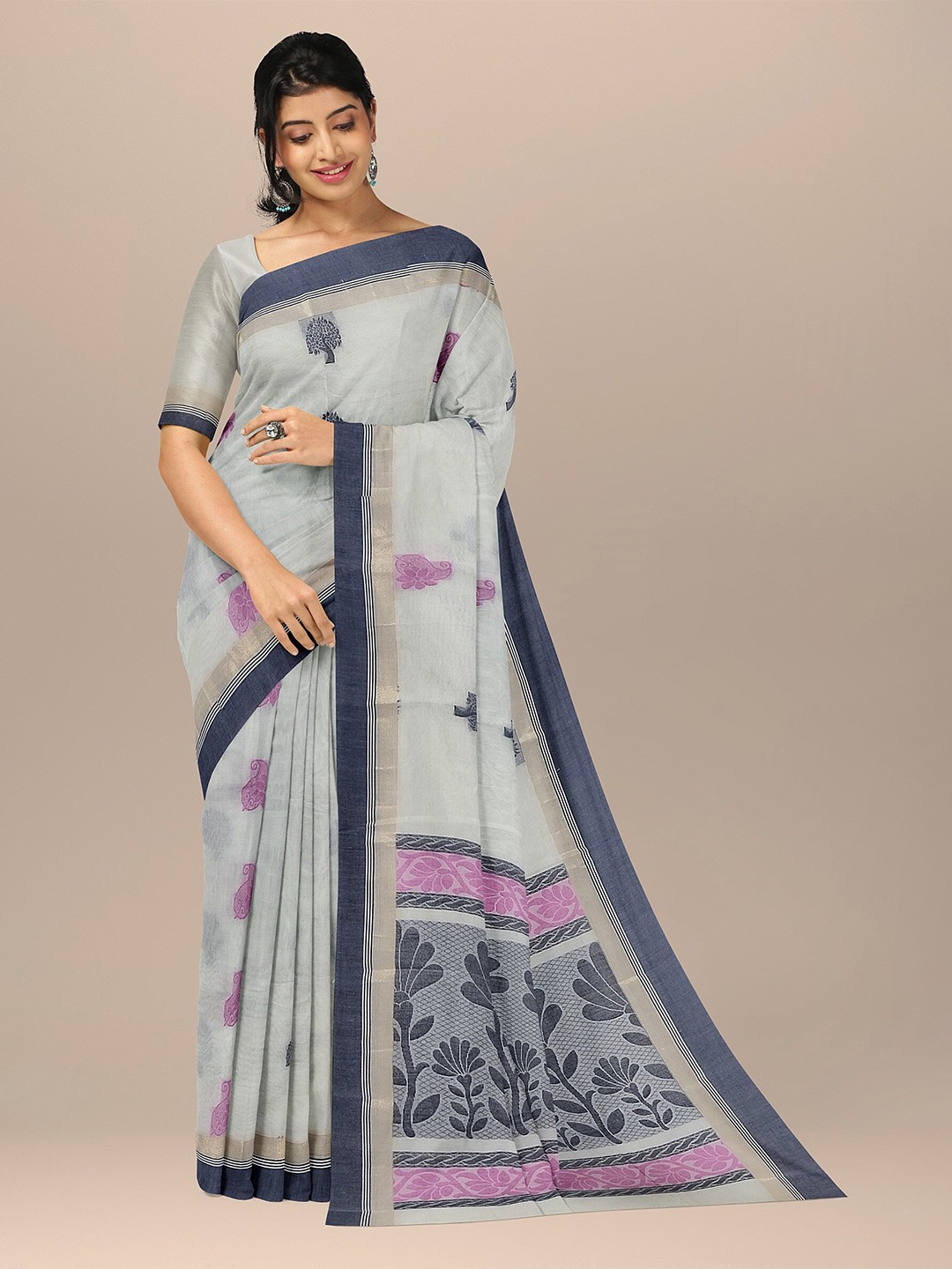 

The Chennai Silks Women Off White & Pink Floral Pure Cotton Fusion Kovai Saree