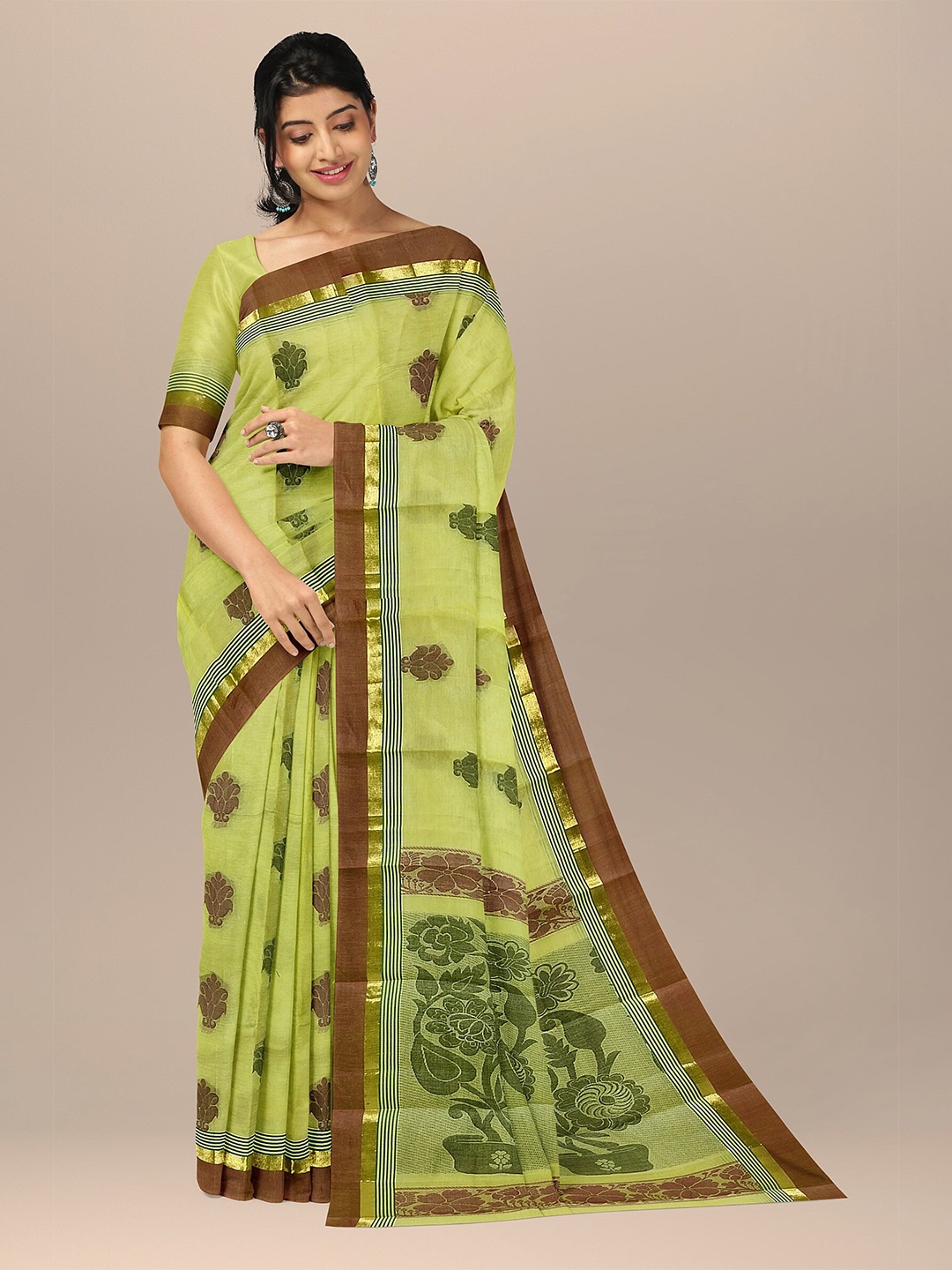 

The Chennai Silks Olive Green & Brown Ethnic Motifs Pure Cotton Fusion Kovai Saree