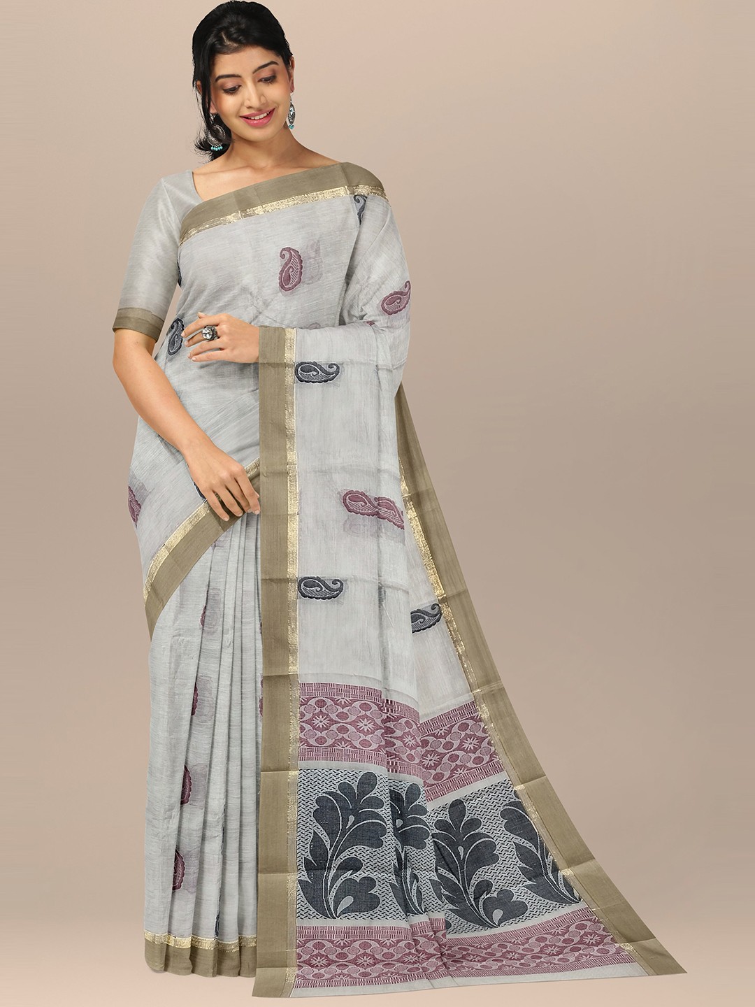 

The Chennai Silks Beige & Black Ethnic Motifs Zari Pure Cotton Kovai Saree