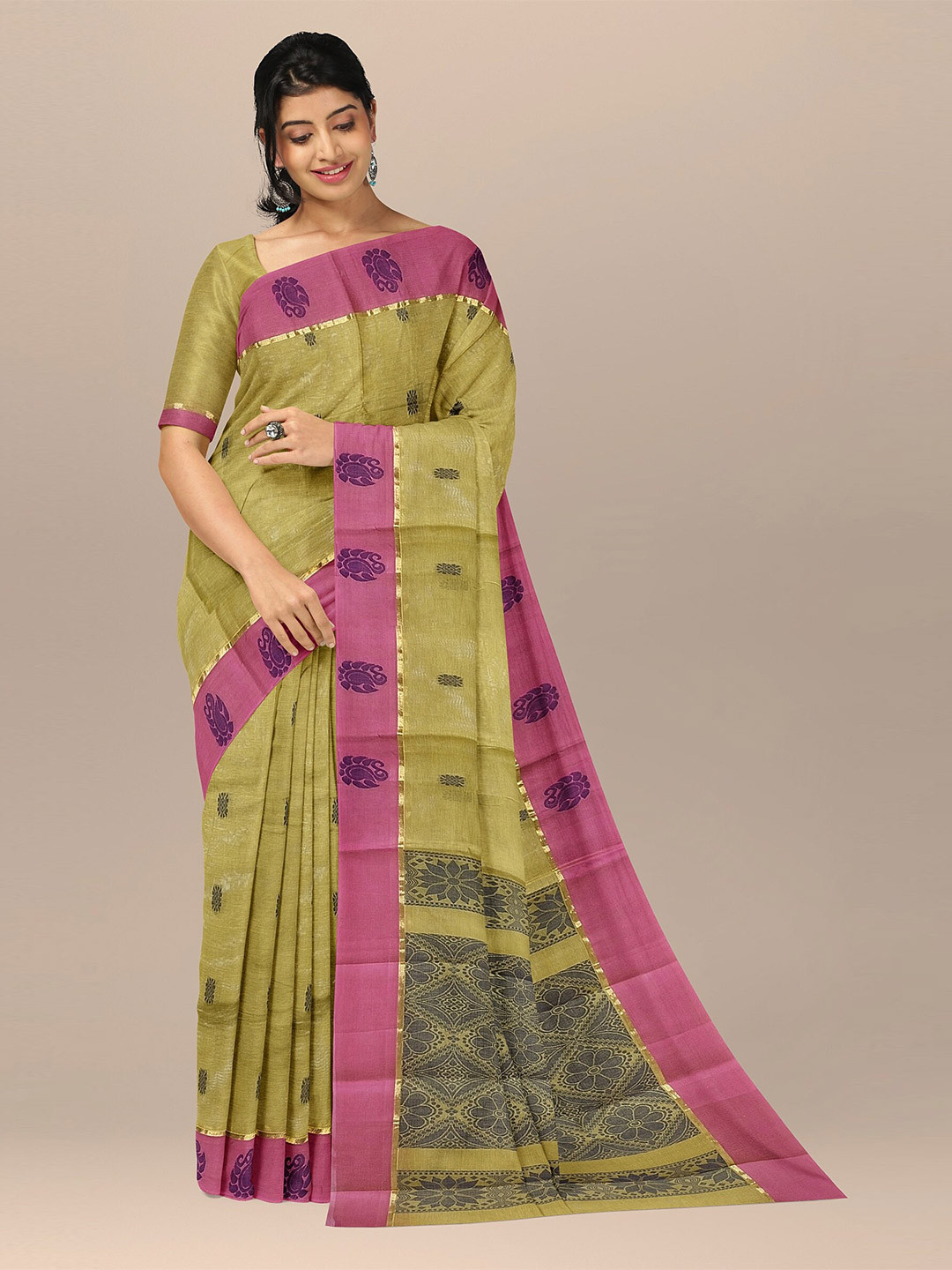 

The Chennai Silks women Khaki & Pink Ethnic Motifs Pure Cotton Kovai Saree