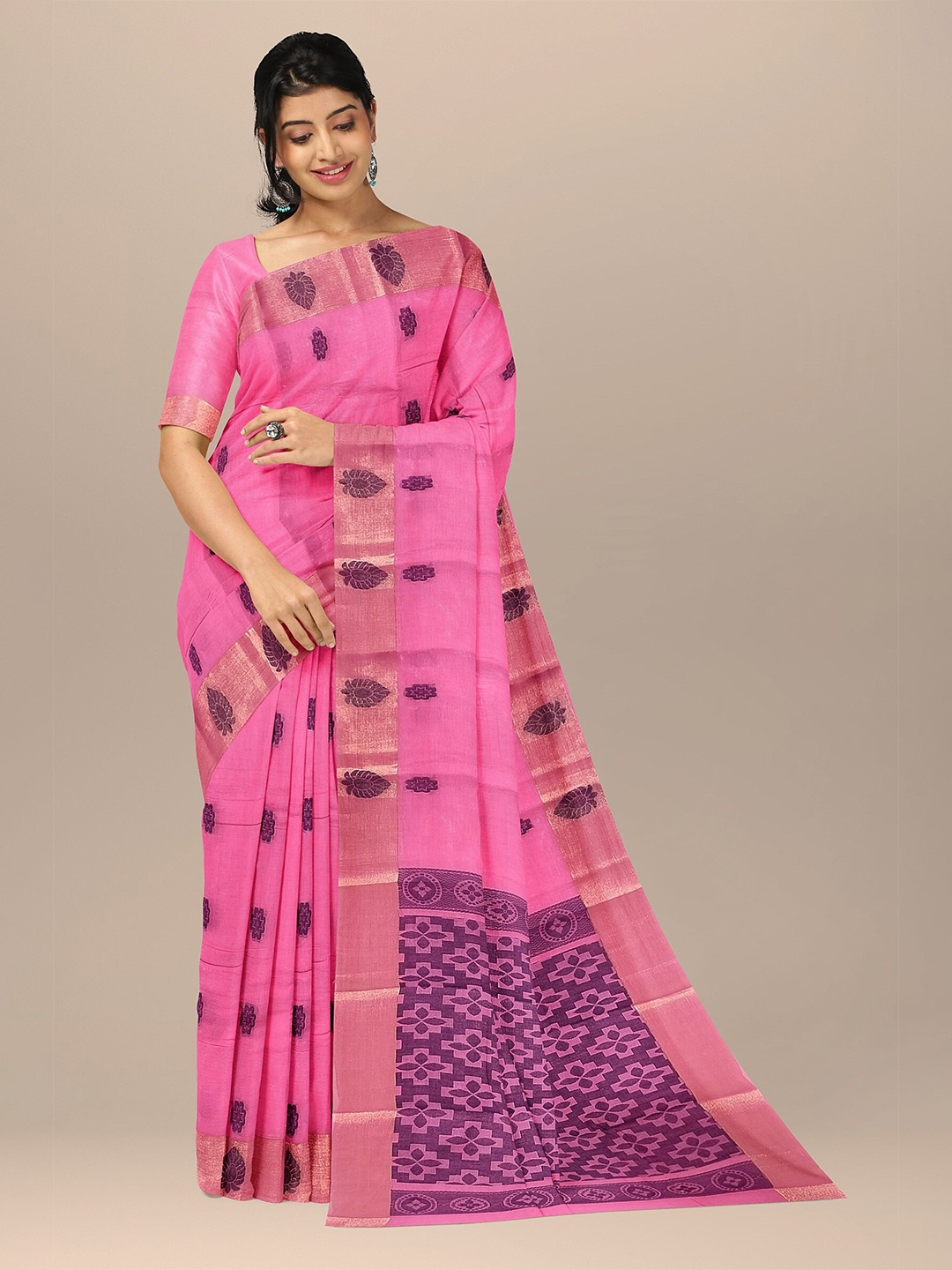 

The Chennai Silks Pink & Purple Ethnic Motifs Zari Fusion Kovai Pure Cotton Saree