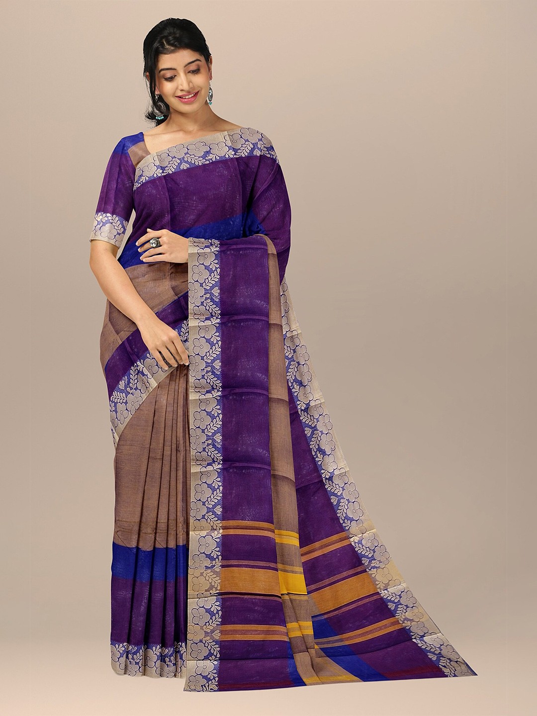 

The Chennai Silks Mustard & Purple Woven Design Pure Cotton Chettinad Saree
