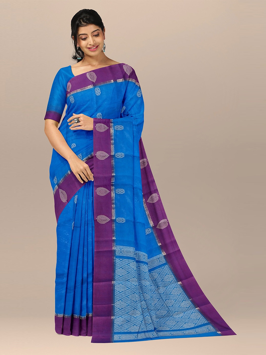 

The Chennai Silks Blue & Purple Ethnic Motifs Pure Cotton Kovai Saree
