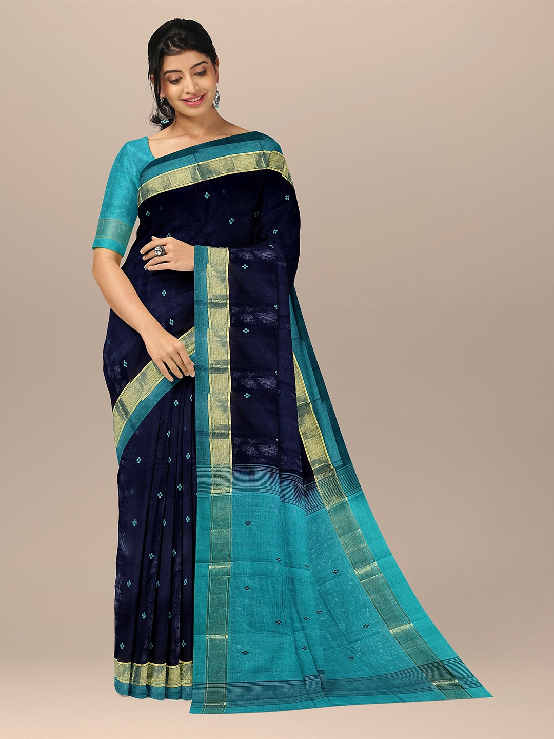 

The Chennai Silks Black & Turquoise Blue Ethnic Motifs Zari Pure Cotton Fusion Kovai Saree