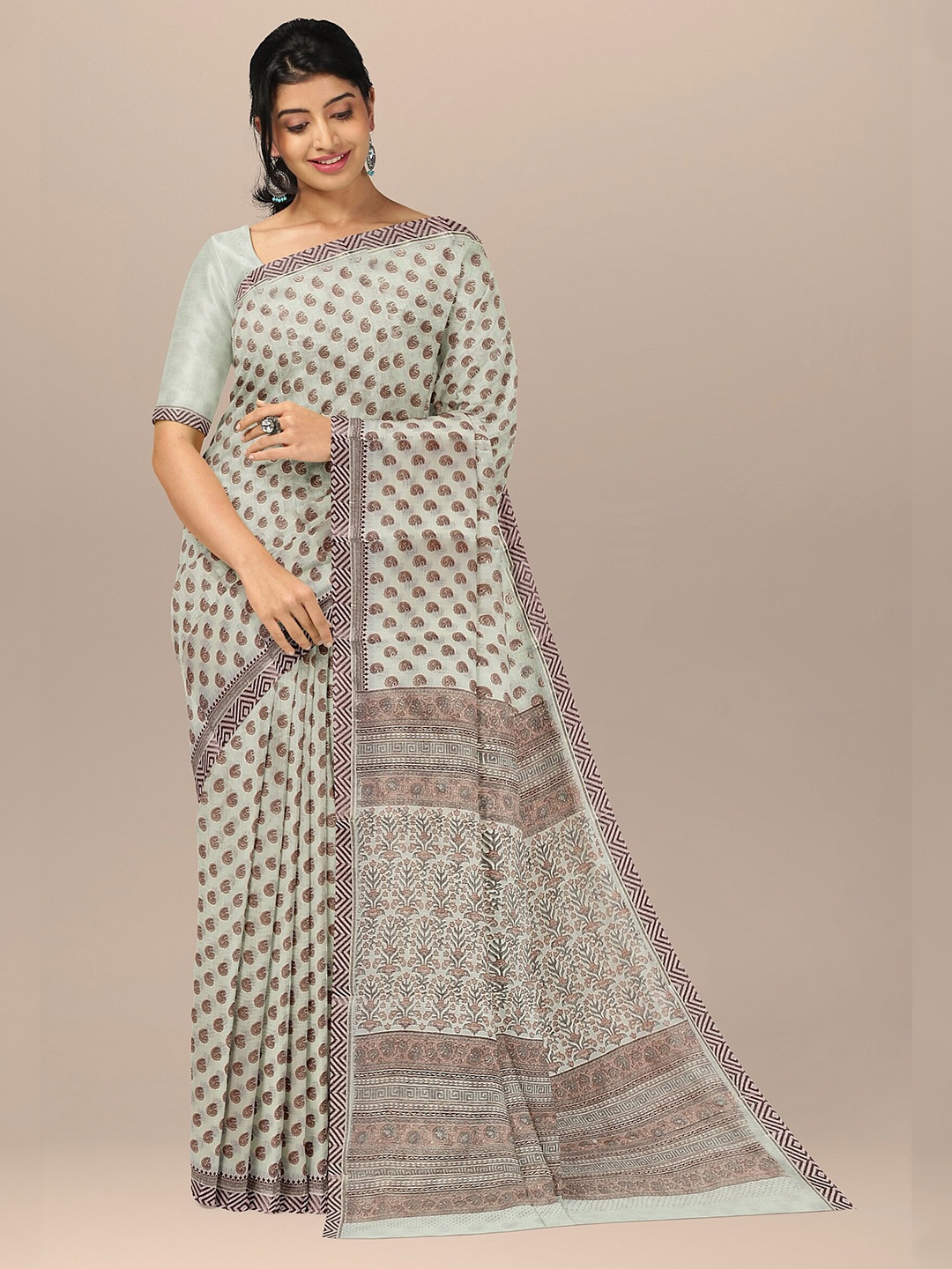 

The Chennai Silks Beige & Brown Paisley Pure Cotton Fusion Saree