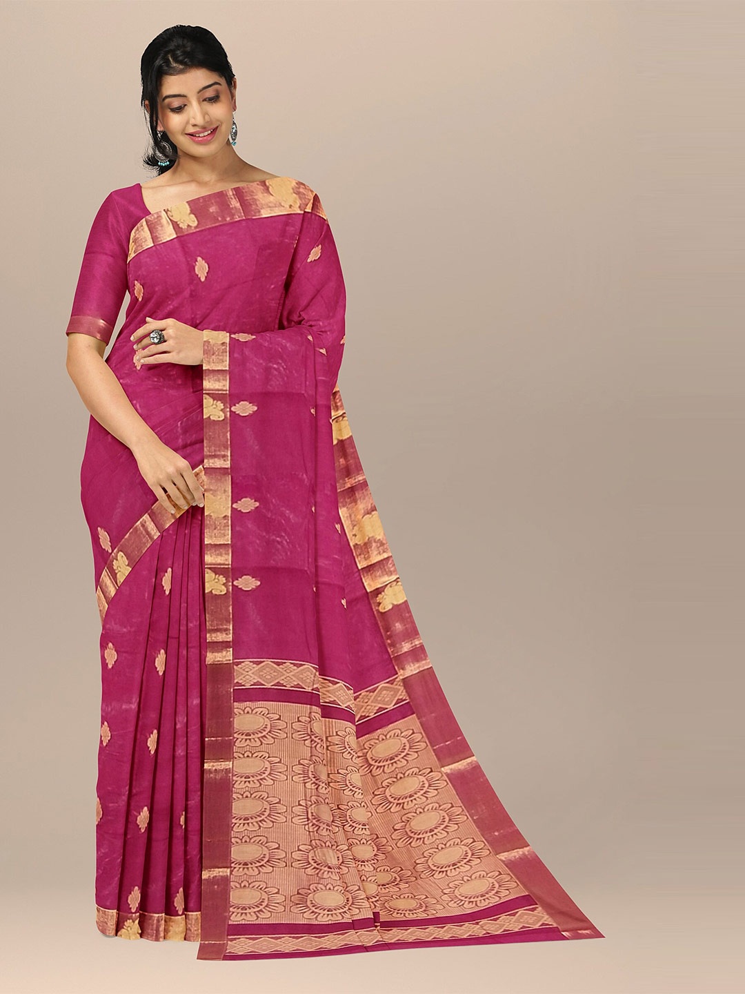 

The Chennai Silks Maroon & Gold-Toned Ethnic Motifs Zari Pure Cotton Kovai Saree