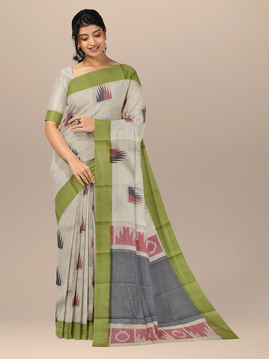 

The Chennai Silks Beige & Green Ethnic Motifs Pure Cotton Kovai Saree