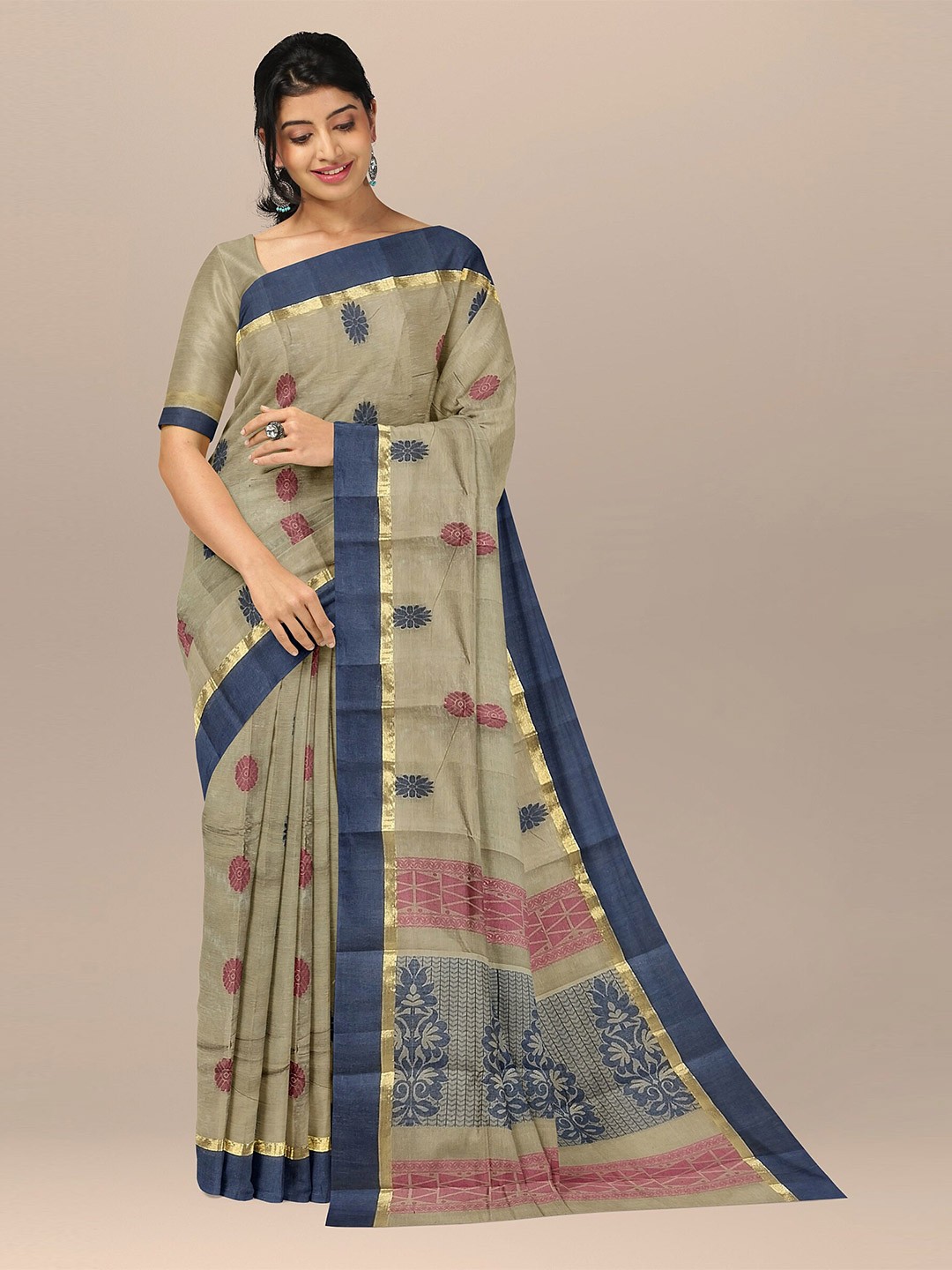 

The Chennai Silks Khaki & Blue Floral Woven Design Pure Cotton Kovai Saree