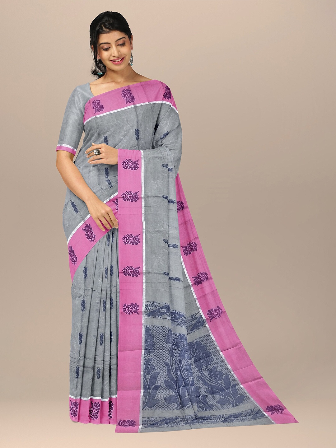 

The Chennai Silks Grey & Pink Ethnic Motifs Pure Cotton Fusion Kovai Saree