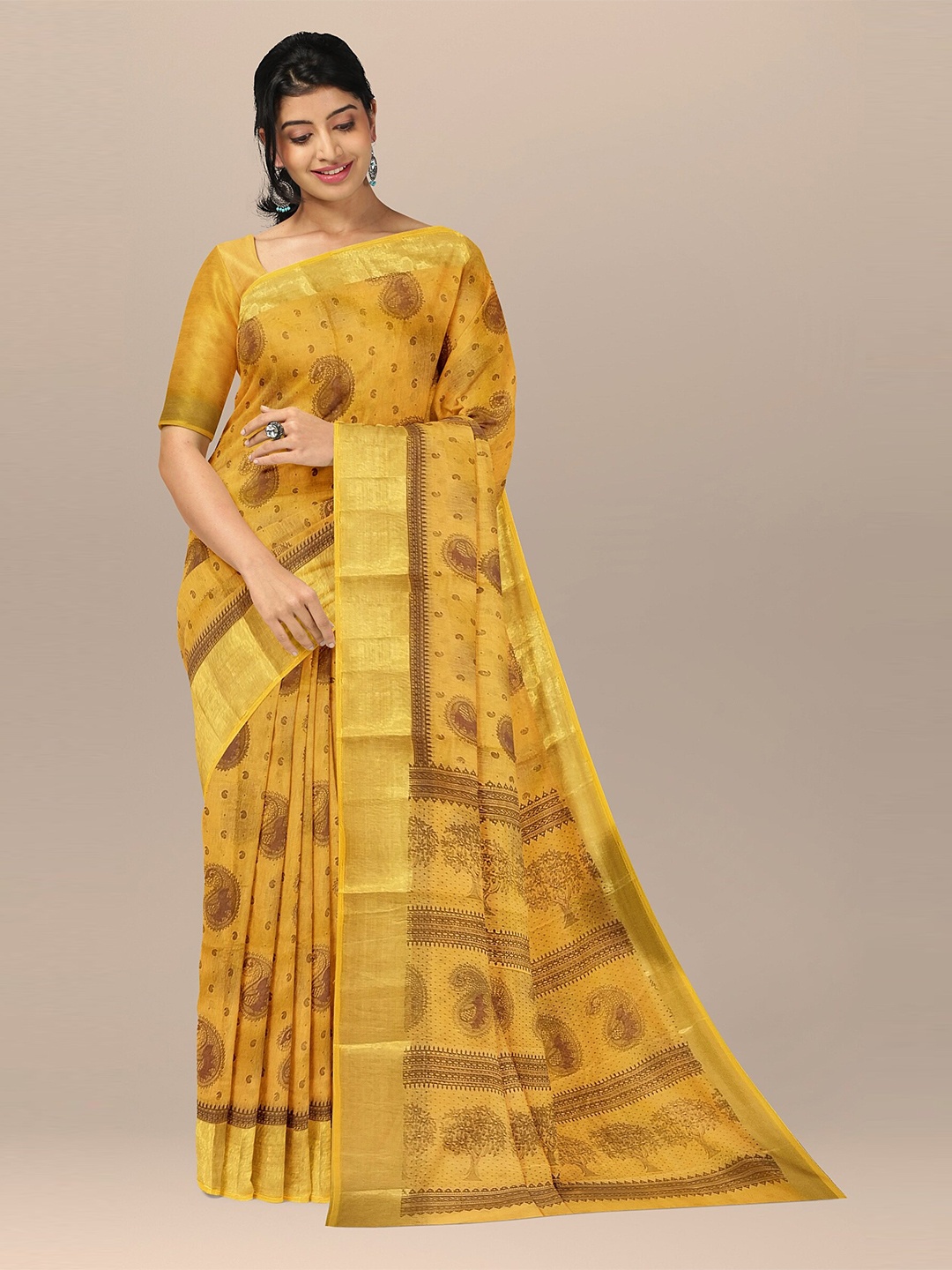 

The Chennai Silks Mustard & Brown Paisley Zari Pure Cotton Fusion Saree