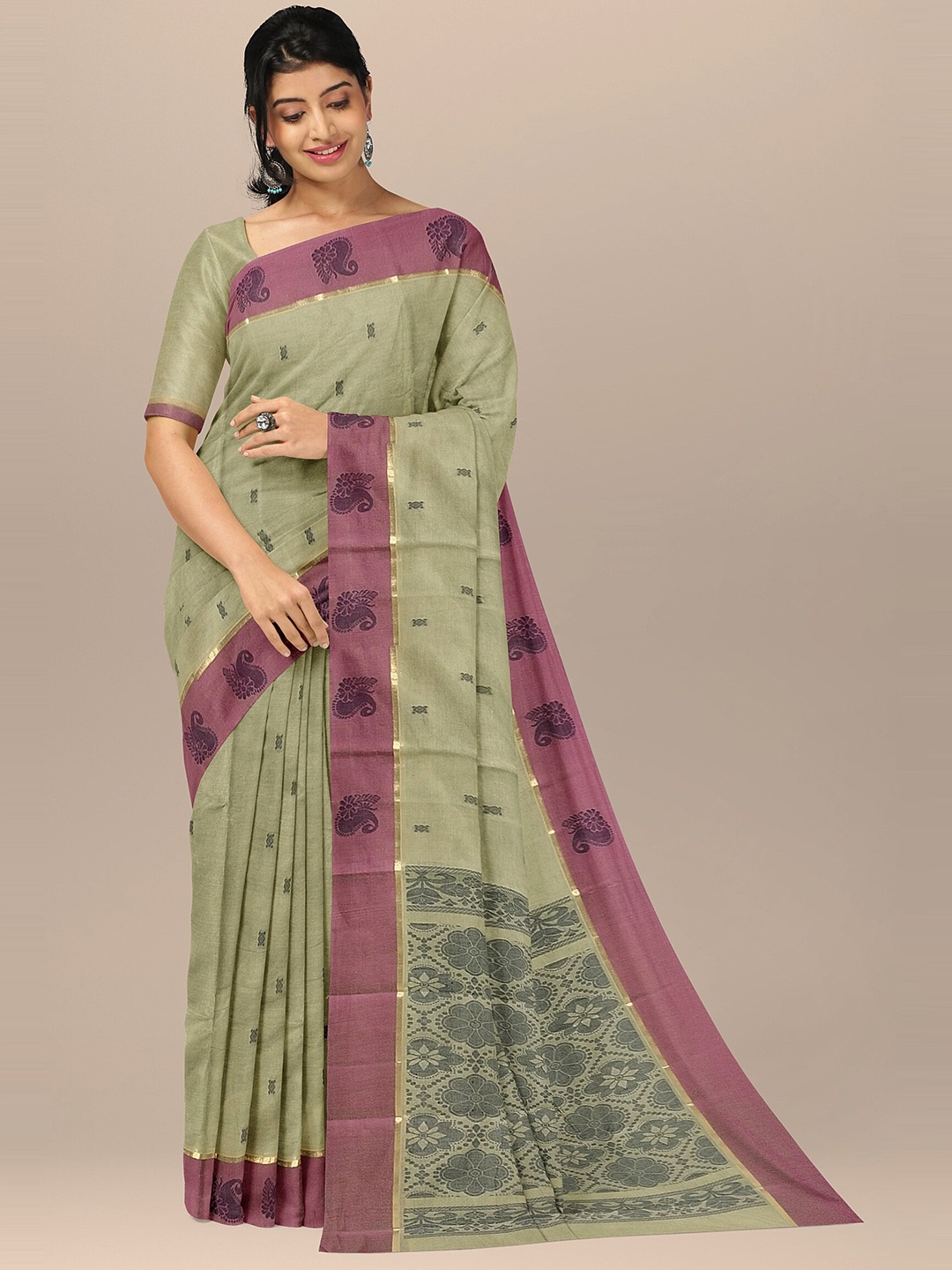 

The Chennai Silks Women Green & Coral Ethnic Motifs Zari Pure Cotton Fusion Kovai Saree