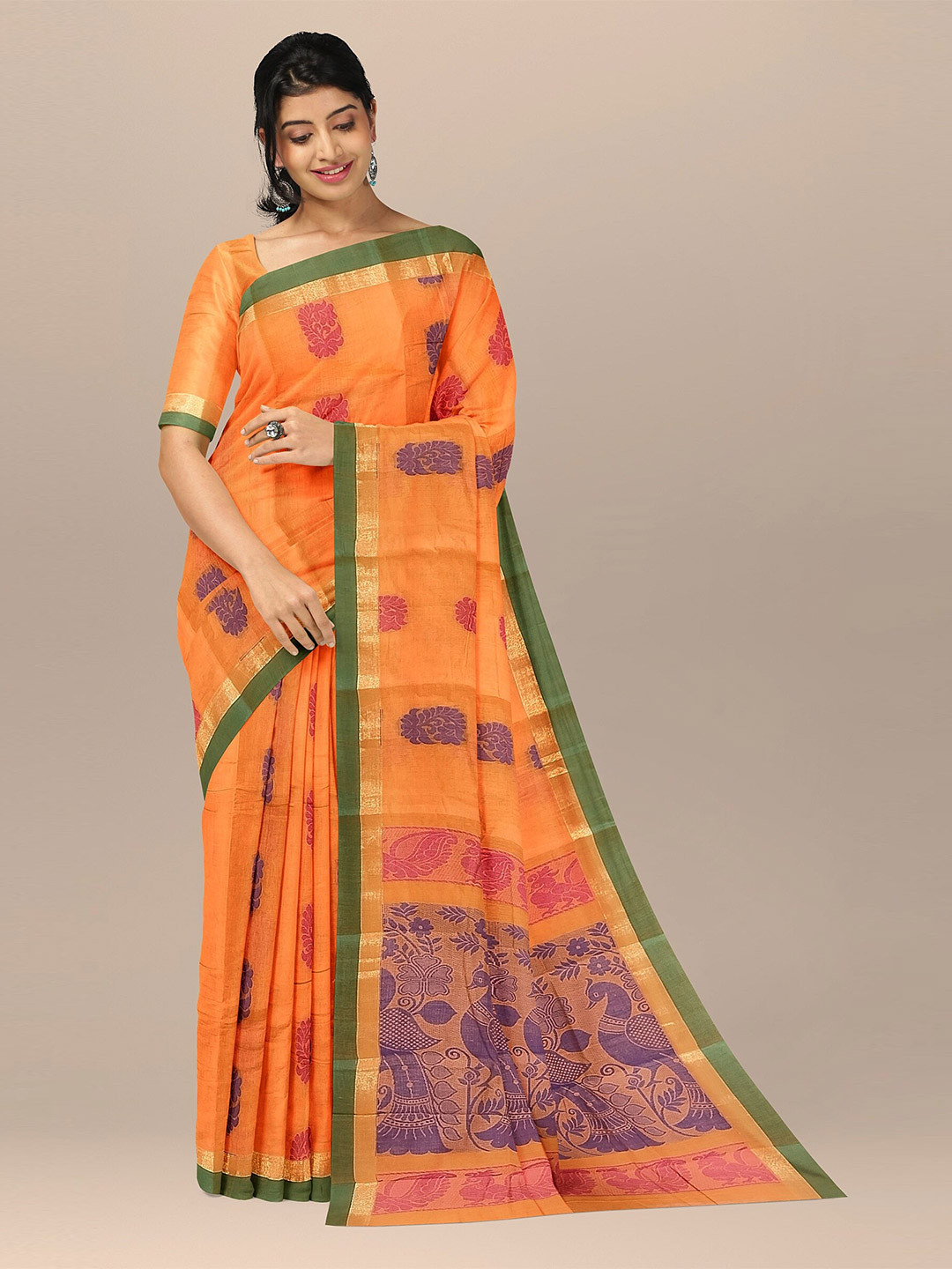 

The Chennai Silks Orange & Purple Ethnic Motifs Pure Cotton Fusion Kovai Saree