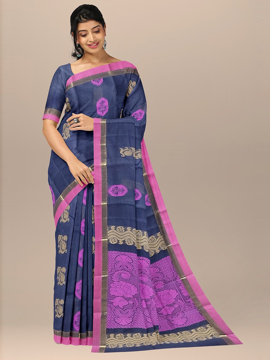 

The Chennai Silks Navy Blue & Purple Ethnic Motifs Pure Cotton Fusion Kovai Saree